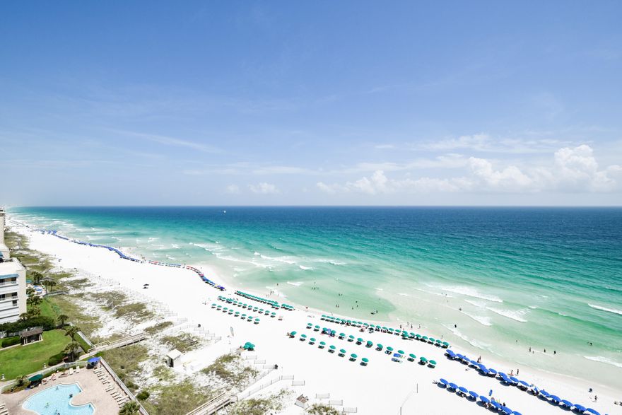 Superb Eastern Coastline Views from this rare sought after 4 Bedroom, 3 Bath Condo in Silver Beach Towers.  2080 SF with an additional 405 SF of balconies offers amazing views of the Gulf and/ or the Bay from almost every room.  The kitchen features Granite countertops, stainless appliances ,a breakfast bar and pantry. The Master suite has private access to the gulf front balcony, plus a large bathroom with whirlpool tub, double vanities and separate tiled  bench shower. See additional Master suite with private bath and balcony with Bay views. Laundry room with washer dryer, deeded garage parking and storage area. Silver Beach Towers amenities include 600' white sand beach, two gulf front pools and spa tubs, grilling area and Tennis courts. Sold turnkey,fully furnished ,rental ready.