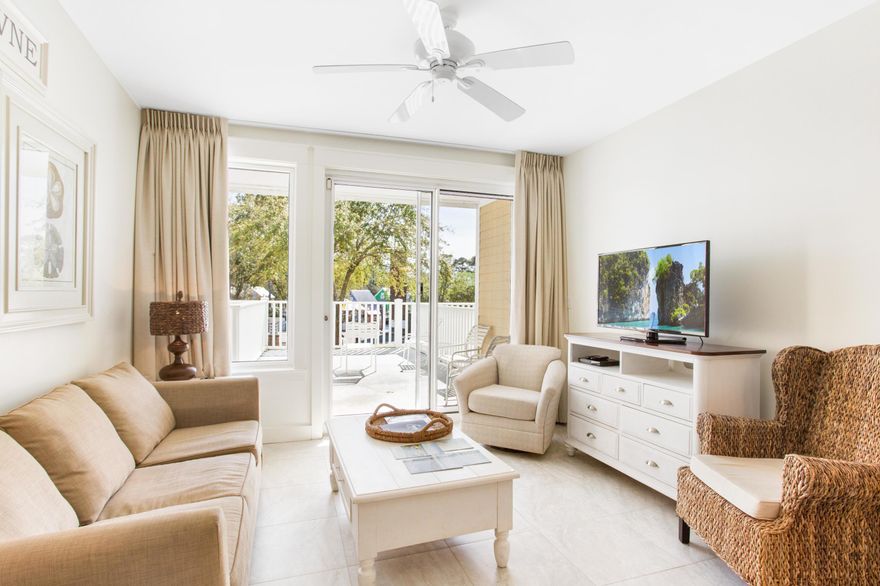 Enjoy the amazing views from the expanded balcony facing the events plaza. This 1 bedroom unit with a den converted into a bedroom has tile floors throughout and a master bedroom with en suite bathroom, double vanity and separate tub and shower. Gateway Owners and Guests enjoy the private exclusive resort style pool, hot tub, fitness center, beautiful lawn, grilling areas, outdoor fireplaces, and spacious dog walks. In addition, you are just steps from the Village at Baytowne Wharf, a charming pedestrian village with events, shopping, dining, family entertainment and nightlife.