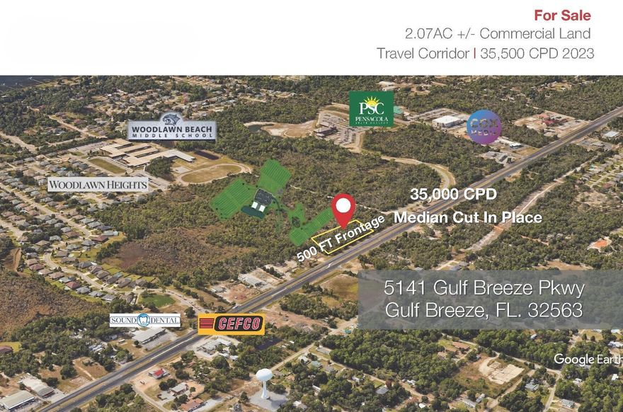 The property is located near several significant development projects and amenities.Positioned directly in front of a 15 acre tract designated for Santa Rosa County's new soccer complex project,which will include:NCAA regulation fields, urban soccer fields, and futsal courts. Concession/restroom facilities, parking lots, and playgrounds. Multi-use trails connecting the complex to nearby schools. Phase one construction is underway, with an estimated cost of $6M-$9M for the completedproject.Conveniently located less than 1.5 miles from the future $110M Soundside High School, set to open in 2025, which will serve over 1,800 students. A robust 5-mile radius population of 31,269 residents, with 854 businesses employing nearly 6,000 workers and generating over $1B in total annual sales (2024).

High profile commercial land parcel on main thoroughfare, busy commuter/trade corridor of Hwy 98. The parcel enjoys the favorable HCD zoning on the front 2 parcels. Maximum visibility with 500 feet of frontage on Hwy 98 with over 35,500 cars per day.