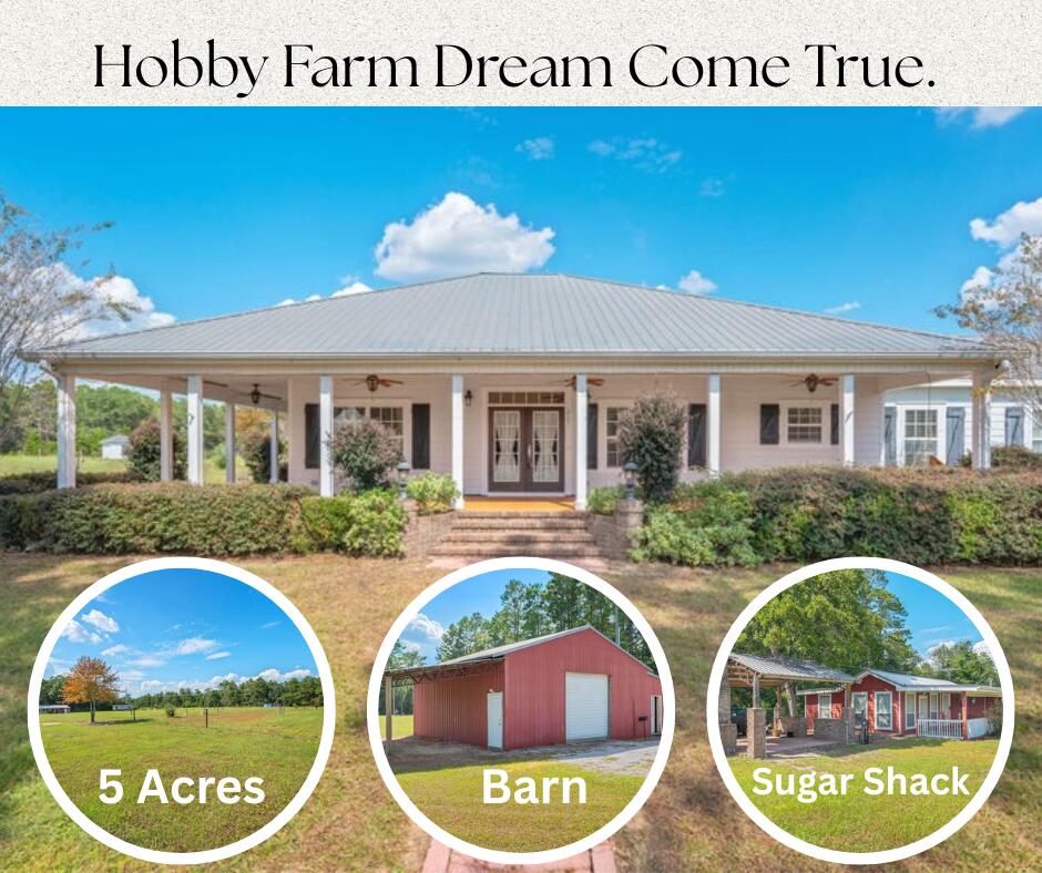 Hobby Farm Dream Come True! This 5-acre property offers two homes and endless possibilities. The 2,052 sq. ft. custom-built main home features 2 bedrooms, 2.5 baths, two spacious master suites and a wrap-around porch with peaceful views. The separate 1 bedroom, 1 bath guest home, affectionately called the 'Sugar Shack,' provides space for family, friends or rental income. A 1,700 sq. ft. powered barn with office space is ideal for hobbies, animals, storage or your next project. With irrigated land ready for gardens, flowers or a full homestead, and 4 RV hook ups for guests or travelers, this property blends comfort, charm and potential. Private and serene, it is more than a home, it is the lifestyle you have been waiting for.