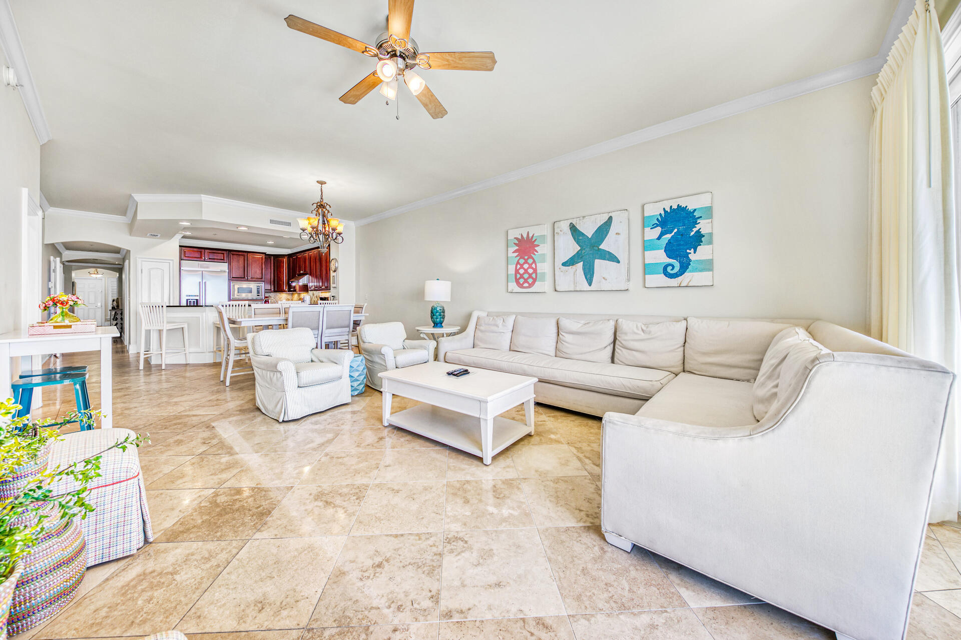 Deluxe fourth floor, 4 bedroom and 3 bath is situated perfectly on the top floor unit at the prestigious property of Adagio! Greater than 2,200 square feet of seaside extravagance with a toes-in-the-sand locality on the renowned beaches of 30A. This beautifully laid out condo is one of a kind, which is optimum for a primary, second home or vacation rental. Main features include a full master suite, double vanity, full size laundry room, travertine throughout main living areas, crown moulding accents, a gourmet kitchen that has granite countertops, gas stove, and Viking appliances. Enjoy an expansive balcony which offers the best Gulf views, breezes, and sunsets from all angles. Come enjoy this gated gulf front community which features: a gym, community room, hot tubs, two resort style