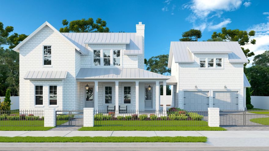 Beautiful to-be-built south of 30A with carriage house. Great opportunity for rental property or full time home on a quiet street with top quality construction and finishes.Highlights:3 bed/3.5 bath plus office, bunk room, and media room in main house1 bed/1 bath in carriage house; separate entrance.Screened back porch with summer kitchenWine bar3 laundry rooms: full laundry room down/stackable laundry upstairs/stackable laundry in carriage houseGolf cart storage behind garageGated driveway entranceBrick and fiber cement shingle sidingKitchen Aid commercial style appliances, soft close shaker cabinets, quartz or granite countertops, LVP flooring, tile in bathrooms. Buyer can choose colors and finishes within allowances during pre-build. All photos are renderings meant as examples; not necessarily accurate to finishes, materials, colors, and design. All dimensions and specs to be verified by buyer. 
Painted brick exterior
Metal roof
Natural gas in main house/electric in carriage house.
Rinnai tankless water heater
Customer will need construction perm loan; preferred lender information available. 
Butler Elementary, Hwy 98, Topsail Hill State Park and other public beach accesses nearby. Beachview Heights does not have rental restrictions. Fantastic location and design!
