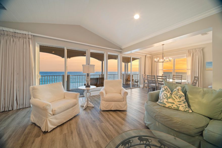 Perched on the top floor of one of Seagrove's most coveted Gulf front addresses, Unit 300 at Seaview I delivers something exceedingly rare along the 30A Corridor: completely unobstructed panoramic views of the Emerald Coast in both directions. At 32 feet of elevation and a prominent southerly positioning, the sightlines stretch endlessly -- southeast and southwest -- across the famous sugar white sand and emerald waters. There is simply nothing between you and the horizon.A sweeping 50-foot colonnade porch serves as the unit's outdoor living area, built for taking in sunsets, morning light off the water, and everything in between. Floor-to-ceiling windows wrap the interior, dissolving the boundary between inside and out and flooding every room with natural light and Gulf views.