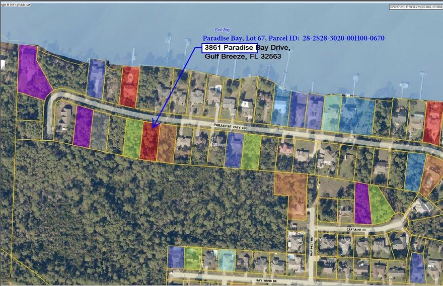 his is a beautiful 0.41 ac vacant lot available in prestigious Paradise Bay community. Locates towards the end of Paradise Bay Drive, across and overlooking vast East Bay waters. The property is designated Single Family Residential with Water View. Approximate lot size is 90 feet on the road and 200 feet deep, to build a family dream home. On both sides of the lot, to the left and to the right sides, there are separate vacant lots may also be considered for purchase, to gain the setbacks and for extra privacy. Some wetland may be present, for the builder to apply for wetland permit before construction.