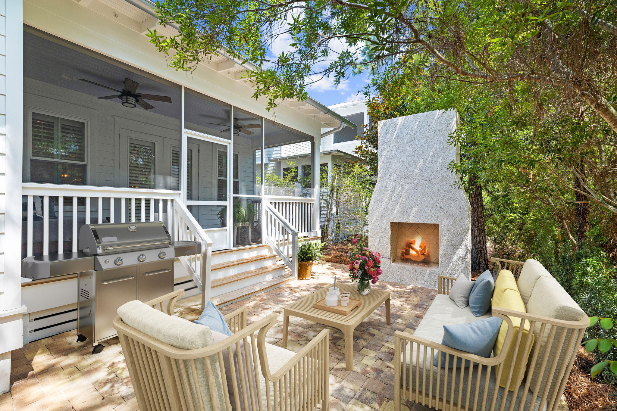 Nestled within the highly-sought after community, NatureWalk at Seagrove, and primely appointed mere moments away from the sugar-white sands and emerald-blue waters of the Gulf of Mexico, sits the modernized coastal cottage, 20 Beargrass Way. This quintessential, Kolter built, home features the Sandcastle floor plan and offers over 3,000 square feet, four-bedrooms, private garage, new addition of a mudroom, and a completely re-fashioned interior to include remodeled kitchen, bathrooms, and outdoor living space creating a distinct lifestyle experience never before seen in the community. Upon approach, the screened-in, oversized porch with Bermuda shutters offers the ideal environment for outdoor dining and lounging, welcoming you into the foyer of the home.