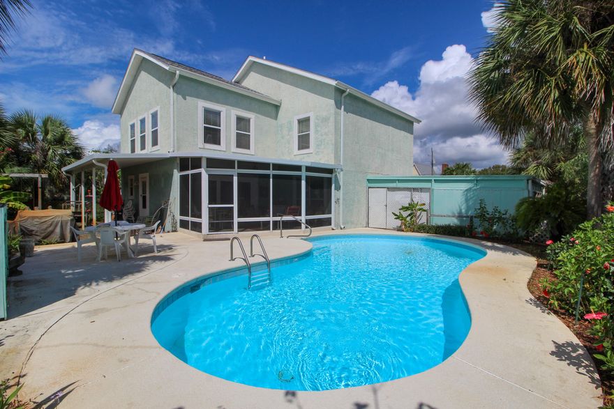 FLORIDA LIVING AT IT'S BEST!   Own a piece of paradise close to the beach with your own in-ground pool! Home is situated on a beautifully landscaped lot with a covered front porch and brick courtyard pavers.  Step inside the foyer to find tiled flooring, glass block window for natural lighting, crown molding, and staircase that leads upstairs.  Spacious  formal living area with built-in surround system.   Gourmet kitchen with lots of quartz counterspace, custom cabinets, upgraded appliances to include double ovens, recessed lighting, crown molding and large center island with built-in breakfast bar.  Dining area is open to the kitchen making entertaining a breeze. Large family room with large windows overlooking the screened-in patio and in-ground pool and two access doors to the backyard. A hidden staircase is found in the laundry room that leads upstairs to the office/game room/den or 4th bedroom. Upstairs master bedroom has a large walk-in closet.  Master bath has double vanities with a make-up station, linen closet, corner whirlpool tub and a large separate shower.  Two additional good-size bedrooms and a full bath with sky light.  Just imagine relaxing in your screened-in patio or entertaining around the pool with extensive cool decking and an open patio area for cookouts.  New roof in 2019 and HVAC system is approximately 2 years old.  Call today for your own private viewing!