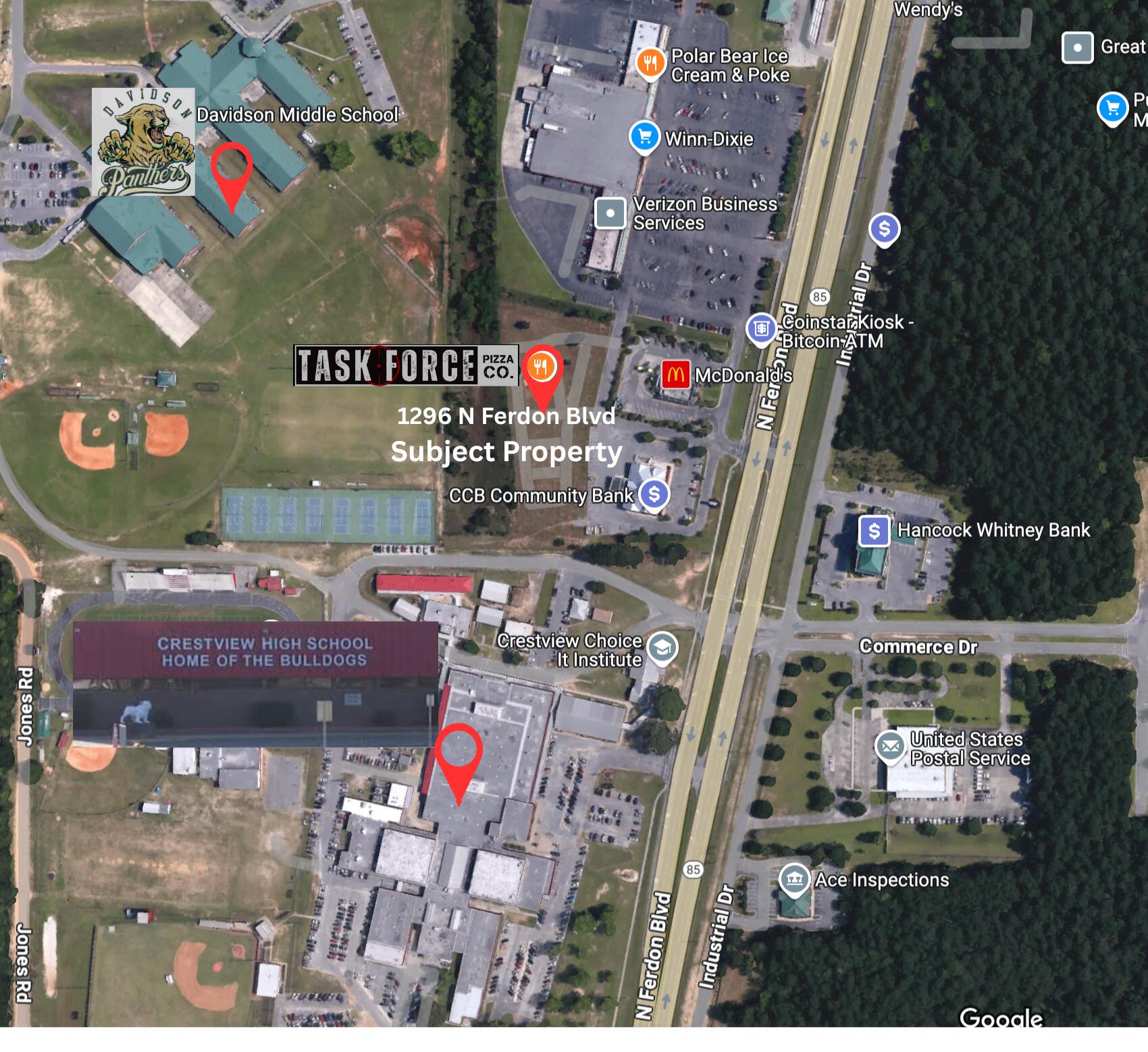 This 4.8+/- Acre, 4800 sq ft ,180 seat restaurant property is turn-key restaurant ready but also has room for a new build on the south end of the parcel! Share a parking lot and watch your businesses grow. In the meantime, this current build is rented by Taskforce Pizza. Located with a Highway 85 connection and surrounded by an area thriving with rapid new growth! This is across from a new Publix, next to Winn Dixie, next door to a bank, Crestview High School, Davidson Middle School, and McDonald's. Seize this drive-thru window of opportunity!
