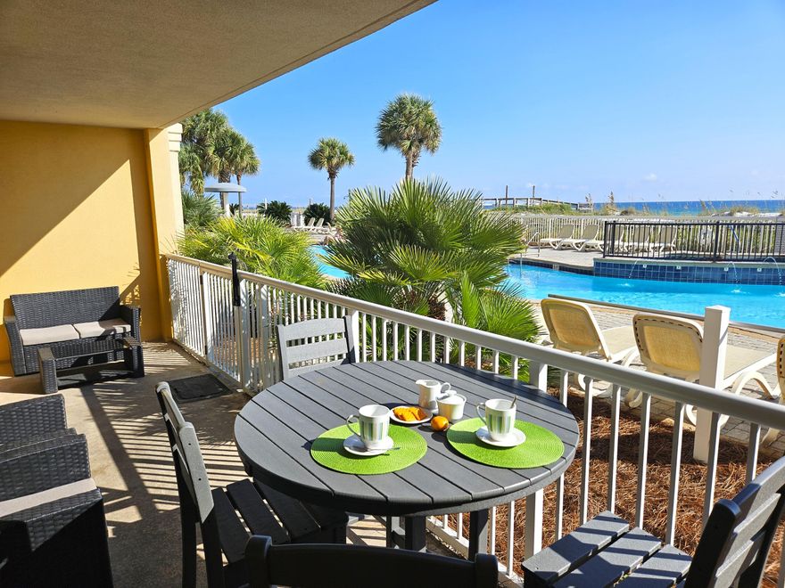 $114K+ of Gross Rent for 2023! Currently at $111K for 2024 with more booking weeks remaining. Amazing investment or beach home with DIRECT WALK-UP ACCESS TO THE BEACH! This stylishly decorated, fully furnished condo is centrally located on the Gulf side of the beautiful AZURE Condominium resort. Prime location on the ground floor with easy access to the pool area and the sugar-sand beaches just beyond make this unit one of the most desirable rentals in the complex. Quick and convenient access to the covered parking garage and no need for stairs or elevators. A rare find perfect for a second home, primary residence or a lucrative investment property.  The unit features tile throughout (no carpet). HVAC system replaced in Dec 2023. Water heater and dishwasher replaced in Dec. 2021. The condo is a phenomenal vacation rental with consistently high gross rental numbers year over year. The unit features tile throughout (no carpet). 9 Ft ceilings throughout and an open floor plan create a spacious, inviting atmosphere. Two King bedrooms and a third spacious bedroom with a Queen and Twin, as well as a Queen-sized sleeper sofa in the living room. Huge master bathroom with separate shower and garden tub. Higher occupancy capacity than higher floor units. Per the Azure condominium regulations and fire code restrictions ground floor units are allowed to sleep more occupants than similar units on higher floors. Unit 113 is allowed 10 occupants.
The Azure complex features two pools (one seasonally heated), two large hot tubs, covered parking garage and code gate access, lush tropical landscaping, newly updated beach walkway, fully equipped exercise room and outdoor grills available to owners and guests.
Buyer to verify all information.