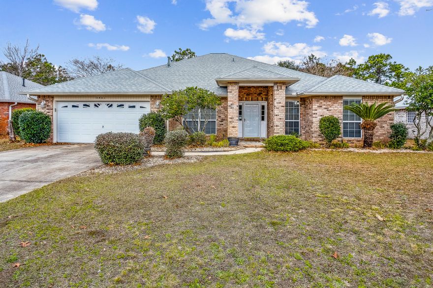 Don't miss out on this 4 bedroom, 2.5 brick dream home located just minutes from NAS Pensacola! Step inside to find a beautiful arched grand foyer, open floor plan with luxury vinyl plank flooring throughout main, formal dining room, spacious living room with cozy fireplace, kitchen with eat in breakfast bar, island, built-in wine storage, and recently replaced refrigerator, range and microwave, french doors leading to sunroom/study, primary suite with vaulted ceiling, walk-in closet, double vanity, soaking tub and separate shower, screened in back porch overlooking private fenced back yard, and 2 car attached garage with kayak lift. HVAC replaced in 2020, water heater replaced in 2022.