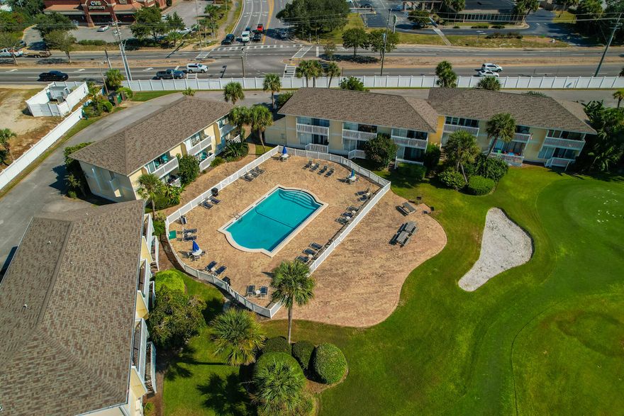 MUST SEE this charming one bdrm condo overlooking the pool and #9 Golf Green.  Delightfully furnished in upscale decor, beach inspired art, updated appliances, tile & LVP flooring, granite countertops, and much more! Beginning at the glass paned front door, & walking throughout the condo, a sense of relaxation exudes. Relax on the back deck and enjoy pool & golf views while being just far enough back to feel private. SP Assessment fees are $271.83 per qtr for 2024, $254.47 qtr for 2025.  SPC is a residential style resort occupying 43 acres in the heart of downtown Destin. Favorite amenities include 1100 ft of gulf/beachfront, 5 pools, 6 tennis courts pickle ball, bocci ball, shuffleboard ,on-site fine dining, canal boat docking by reservation, marina slips by availability ,see more Everyone's favorite...the private 9 hole par 3 pitch and putt golf course! Short distance to the famous SPC Beach and Rick's Sand Trap restaurant! Another Must Try...the fresh fish tacos!! So much enjoyment for the amount invested!!