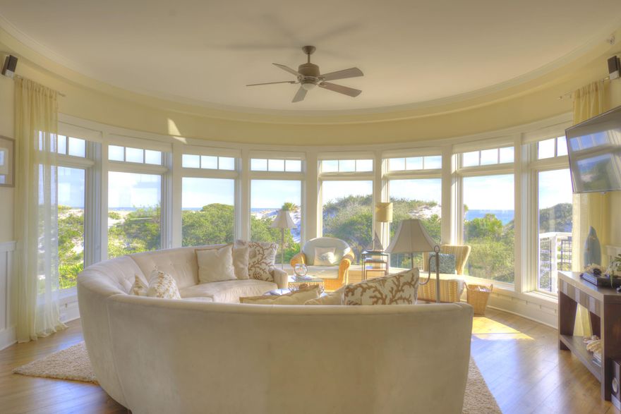 Enjoy the Panoramic Views of the Gulf of Mexico. Compass Point I is Located on the South Side of Scenic Highway 30-A in the Controlled Access Neighborhood of WaterSound. Interior Features Include: Round Turret Shape Living Room 20' in Diameter with 180 degree Wrap Around Windows, Two Balconies Overlooking Dunes and the Gulf of Mexico, Stainless Steel Appliances, Washer and Dryer, Heart Pine Floors in Living Area with Upgraded Travertine Stone floors in Master Bathroom, 18'' x 18'' Tile in Laundry and Bathrooms, Black Granite Countertop (kitchen and office) and Santa Cicilia Granite Countertops in Bathrooms. Reserved Underground Parking for Vehicle and Personal Golf Cart and Storage Area. Amenities include Dunesider Grill, fitness center with sauna, 2 community pools and pool house.