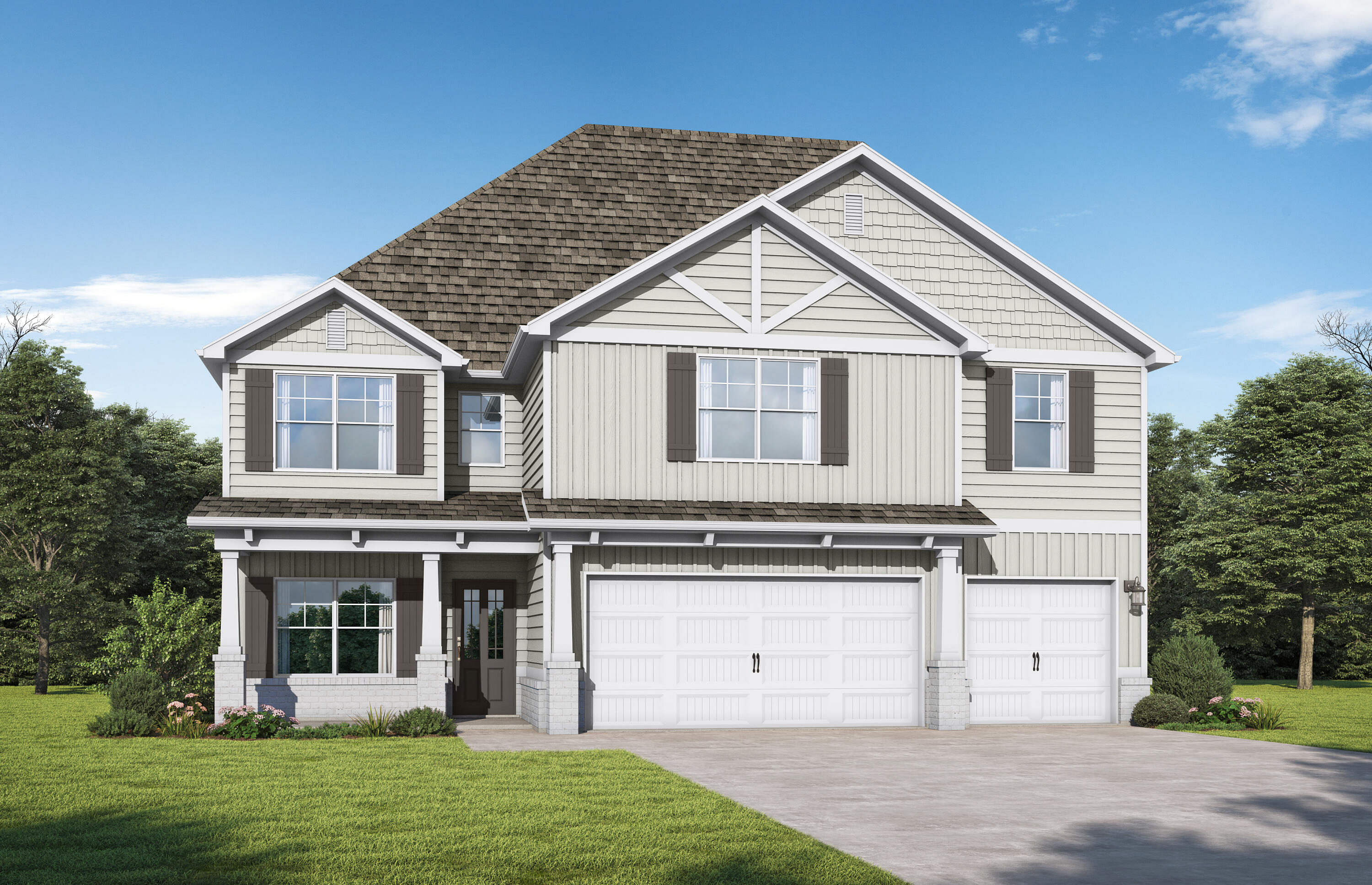 Brand New Floor Plan! From your covered front porch, step inside the foyer which opens to the beautiful dining room with coffered ceiling. Everyone will gather around the large quartz countertop island in the kitchen to share appetizers. The openness of the living space facilitates the best gatherings. Head Upstairs on oak tread stairs and you'll find a second living area providing additional space for a home office, media room or study. All 4 bedrooms feature trey ceilings & the primary suite has its own sitting area. The spacious primary bath includes a dual vanity, soaking tub, separate shower & huge walk-in closet. One bedroom & full bathroom downstairs is perfect for your house guests. Bear Creek offers Gorgeous resort-style amenities including an inground pool with an additional, stunning NEW pool area almost completed, pickleball, tennis, basketball courts, a fitness center, and a gated community.