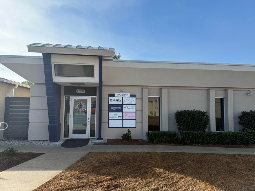 Professional Business Suite available in the 4 9th Ave Business Complex in Shalimar. eSuites offers private suites with secure digital keypad access, free high-speed Wi-Fi, shared restrooms and kitchenette, and prominent signage featuring tenant's name at the building entrance. Rent also includes power, water, sewage, and trash. Month-2-Month lease options available.