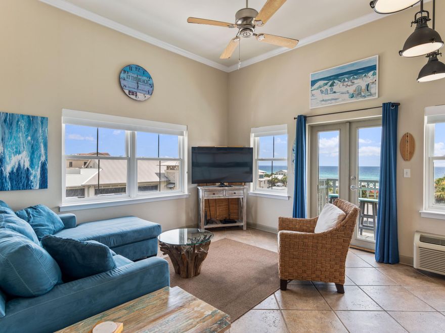 Unique opportunity to own the top floor, corner unit with the best views in Gulf Place. 12 foot ceilings with no one above you! This updated one bedroom studio has a full kitchen, bath with double vanities and comfy lounging space. You will love a morning coffee on the private balcony over looking the palm trees and the Gulf of Mexico.   Gulf Place amenities include deeded beach accesses, three pools, hot tubs, tennis courts, walking paths, as well as shopping, restaurants, live music, and artist market. Everything is within walking distance!