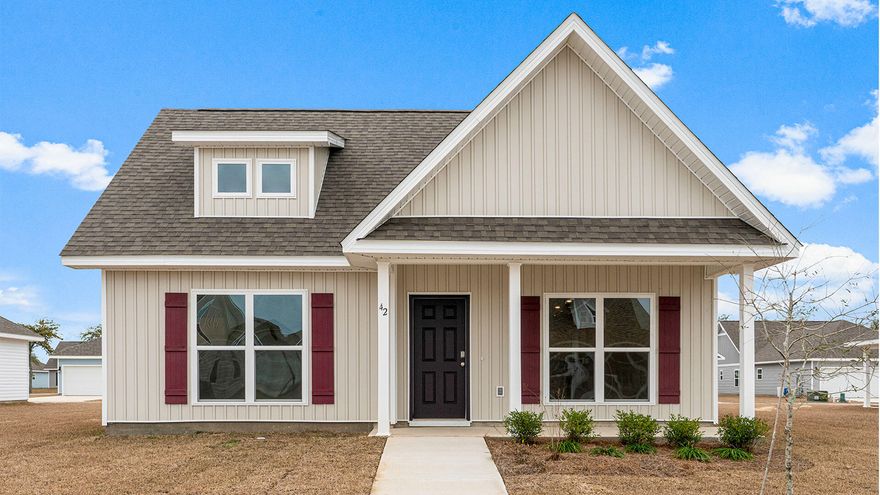 The Owl's Head community is conveniently located off of Highway 331 in Freeport.  We are only 8 miles to Interstate 10, and 16 miles to beautiful beaches and Highway 30 A.  We offer 6 floor plans, 3 and 4 bedrooms.  All homes have rear entry garages.  This community offers a community area with paved walking trails and a spring fed lake. | The Bayberry plan is a single story 3 bedroom, 2 bath home.  This open floor plan features a covered front porch and a very large primary bedroom. The primary bathroom has a large shower, and a  spacious closet off of the bathroom.