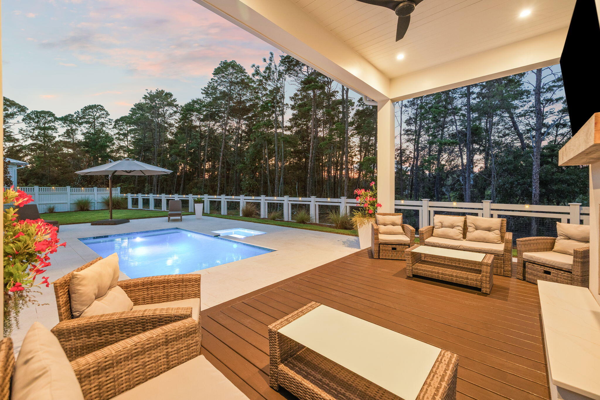 SELLER OFFERING INTEREST RATE BUY DOWN AT 4.4%! PLEASE CALL FOR DETAILS! Welcome to 28 Pollard Cove West a stunning newly built home which is the only Romair built home on the market with the highly sought-after Duxbury plan that includes the 2024-2025 high-end white oak cabinetry, countertops, tile and fixture upgrades not found in pre-2024 homes. This beautiful home is situated on a $50,000 premium lot with one of the largest backyards in the neighborhood that is 45 yards wide which backs up to a nature preserve for 100% privacy, unobstructed views of nature and beautiful sunsets. The oversized backyard oasis includes a breathtaking heated salt water pool and spa with a cabana, outdoor fireplace, screened in back porch, privacy fence around the entire back yard and plenty of green space for kids, pets, etc. The total cost for all of the backyard upgrades was over $272,000. This one-of-a-kind masterpiece is thoughtfully placed on a quiet street where there is no through traffic or busy intersections.
This home is priced at $150,000 - $200,000 below recent comparable sales on the same street, same builder and the same floor plan. It is available today and is move-in ready with no wait for new construction. Also included is a one-year home warranty for the buyer's peace of mind.
This masterpiece is a stunning and unique single level home offering four bedrooms, five bathrooms, plus an office/workout room, providing ample space for your family, work, and relaxation needs.
The highly desirable upgrades in this home include:
Premium lot with oversized backyard backing up to nature preserve
Saltwater heated pool with spa
Cabana with outdoor fireplace and gas grill
Screened in back patio
Plantation shutters and curtains throughout
Upgraded white oak cabinets throughout
Upgraded lighting package
Outdoor lighting in front and backyard
Extended driveway and parking pad
Heated and cooled garage
Irrigation system filter
Surge protector built into electrical system
This home is less than 1 year old and is better than new with the upgrades and is in immaculate condition. As you step inside, you'll be greeted by the 10-foot ceilings with 8-foot solid core doors and a seamless flow from the living area to the kitchen and dining space, perfect for entertaining and everyday living.
The attention to detail is evident in every corner of this home with strategically placed bedrooms throughout the home, offering privacy and tranquility. The kitchen is a chef's dream, featuring quartz countertops that add a touch of elegance and durability. The 36-inch dual fuel range, 36-inch French door cabinet panel refrigerator with bottom freezer, and cabinet panel dishwasher appliances by GE Monogram make cooking and entertaining a breeze.
Throughout the home, you will find many luxurious upgrades including the custom-designed cabinetry with a contemporary overlay and soft-close drawers and doors, designer-curated porcelain tile in all bathrooms with quartz countertops in the kitchen, bathroom and laundry room, and under cabinet lighting all add a luxurious touch. Enjoy the convenience of a single level living, where everything is easily accessible and there are no stairs to navigate. This makes the home suitable for all ages and abilities. The 2-car detached garage is conveniently located within close proximity to the laundry/mud room and separate from the main living area.
The Watersound Origins community is one of South Walton's most coveted neighborhoods for its exceptional amenities, beautiful new homes, and prime location. Amenities include the Village Commons pool & fitness center, sports courts including tennis and pickle ball, miles of nature trails, dock access to Lake Powell, unlimited golf, and lots of green space for outdoor play. The all new Watersound Town Center brings a new level of excitement and convenience to the community with a Publix Super Market, delicious restaurants, healthcare facilities, a seasonal weekly Farmers Market, and more right at the entrance to the neighborhood!
VIDEO AVAILABLE UPON REQUEST!
