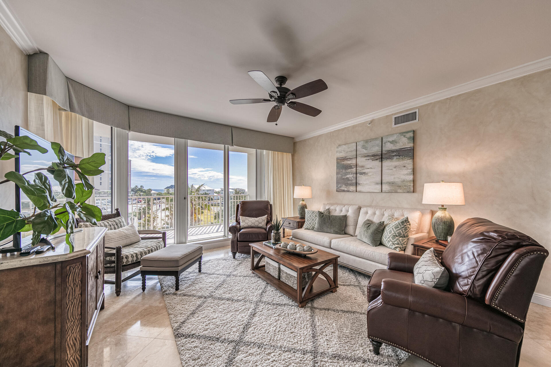 RARELY AVAILABLE east end, 100% move-in ready and immaculately maintained unit in beautiful One Beach Club Drive. Enjoy amazing sunrises and panoramic resort views from the wrap around balconies that include golf course, lake and gulf vistas. The nighttime park-like views of the resort are particularly relaxing and a perfect spot for watching the Sandestin fireworks! The highly desirable open concept floorplan allows ample space and comfort for family and friends. Surrounded by balconies, the large living and dining areas flow into the kitchen and cozy reading/TV nook. Unit is in pristine condition with noteworthy features including newly sealed and polished travertine flooring, coffered ceilings, updated lighting, custom draperies and linens, professional decor, custom paint, double