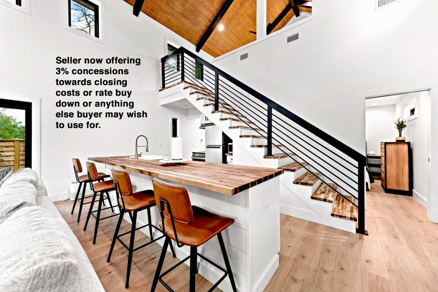 OFFERING 3% CONCESSIONS TOWARDS CLOSING COSTS OR TO BUY DOWN INTEREST RATES, or anything else buyer wishes -- make your offer before this goes! Designer built trendy 2023 home in neighborhood about to appreciate. BUILT FOR GREATER ENDURANCE & ENERGY SAVINGS. NO HOA. Has great appreciation potential due to the county planning to building a 10,000 seat event venue nearby (but not too near the home) surrounded by an idyllic nature trail system around 6 lovely lakes (call listing agent for details). A revolutionary structural wall system (ZIP System) protects home against water intrusion, also utilizing taped seams to prevent air leakage for greater energy-efficiency, using panels with a rating for high-wind-zones. 3 min to boat launch. 9 min to 30A beach w/parking. Benefits include: (The below are only some of the benefits of owning this trendy new home in the lively center of everything fun including a boat launch, 30A beaches, idyllic hiking trails around 6 lakes being developed and concerts in the upcoming event venue that'll be built close to but not too near the home, please call listing agent for all features)

1. Lasting metal roof.
2. Steel metal siding. 
3. Sturdy fence encircling entire lot for great privacy. Also great for dogs.   
4. No carpet anywhere, trendy LVP flooring throughout.
5. Trendy custom black beams on gorgeous wood cathedral ceiling. 
6. Modern and trendy electric appliances selected for higher energy efficiency.   
7. Electric saving tankless water heater that also saves space.  
8. Owner has paid only a maximum of $95 for electric in the summer and maximum $120 last winter despite the extreme cold (bills for the hottest 3 months and coldest 3 months available).
9. Renovative best sheathing technology (Zip System). 
10. Built to comply with the latest hurricane wind rating requirements.  
11. Deep water well worth $12.000 with water softening system. 
12. Largest septic system allowed by state.  
