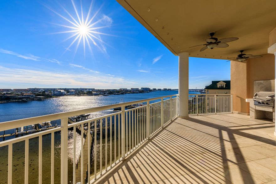 Grand Harbor is Destin's premier residential harbor front community. Situated on the north shore of Destin Harbor, this 3BR/3BA condo has incredible views of the harbor & Gulf of Mexico. You sense the height of the 9.5' ceilings as you walk through the spacious walk-thru kitchen which flows into the grand living room. As you pass the oversized breakfast bar you find a generous gas cooktop, double oven and large pantry. Beyond the sliding glass doors you find an enormous covered balcony. An extremely rare feature, the balcony is plumbed for natural gas to accommodate your outdoor grill. Grand Harbor is also getting a complete  facelift: contemporary exterior paint, updated lobby, pool, and gym.  Combine this with the safety of the gated community and underground garage parking and its easy