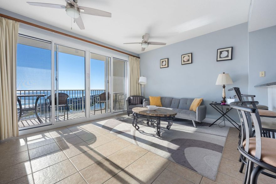 Views for days!! The unit features spectacular views of the Gulf with its aqua blue beauty, 9 ft ceilings, granite counter tops in the kitchen and tile throughout the living area. This is a one-bedroom unit with bunks in the hallway. Ariel Dunes II amenities include a fitness center, meeting room, two large pools, and deeded beach access. Located within Seascape Resort, owners and guests enjoy gated entrance, 18-hole golf course, tennis, conference center. These views are a must see!!