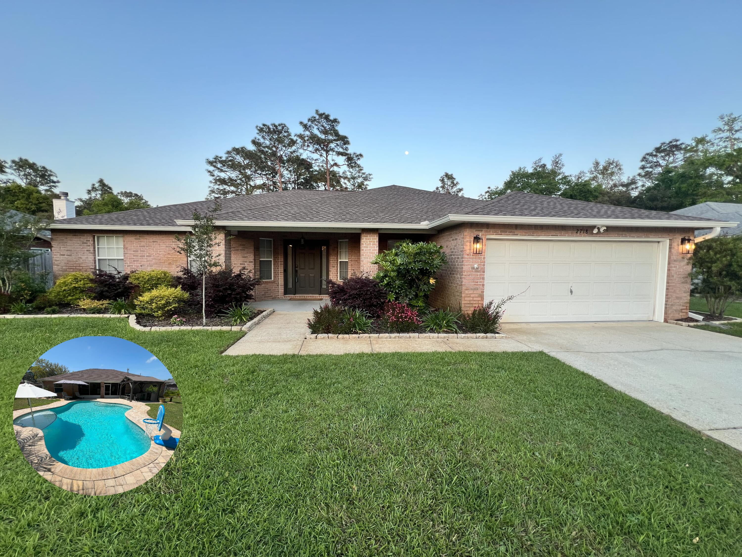 Contemporary 4BR/2BA Move-In Ready Pool Home with Lots of Extras! Welcome to this stunning 2,235 sq ft home nestled on a quiet cul-de-sac in beautiful Navarre--just minutes from beaches, military bases, shopping, and the Hidden Creek Golf Course. With 4 bedrooms, 2 bathrooms, a 2-car garage, and a private backyard oasis, this home offers the perfect blend of comfort, style, and functionality. Step into the elegant foyer with a versatile bonus room (perfect for a home office or playroom) on one side and a formal dining room on the other. The spacious living room is filled with natural light and flows seamlessly into the eat-in kitchen--complete with an abundance wood cabinets, Corian solid surface countertops, pantry, tile flooring, and newer stainless appliances, including a glass-top range with double oven. The split floor plan provides maximum privacy. The large master suite features a private entrance to the screened-in porch, and a luxurious en-suite bathroom with a garden tub, separate shower, and an oversized walk-in closet. Three additional bedrooms offer generous closet space and share a well-appointed guest bath with a tile-surround tub/shower combo. The indoor laundry room includes extra storage, and the garage features a convenient utility sink. Your outdoor living dreams come true in the fully screened, tiled porch overlooking a true backyard retreat. Enjoy year-round fun in the beautiful 18x36 Gunite pool thsy is 6ft deep (new in 2020) with a built-in table and umbrella stand. A Covered Outdoor Kitchen Area and Large Shed add even more functionality to this entertaining space. There are many other extras: a utility sink in the garage, vaulted ceilings with Spanish lace texture (no popcorn!) bull-nose corners, marble window-sills, a transferable termite bond, gutters, Ring camera, spotlight and pool alarm, lawn pump/sprinkler system with wifi controlled irrigation. The Roof was new in 2024, Water Heater 2024, & HVAC 2018! There is no Homeowners Association! The Hidden Creek golf course is less than a 5 min drive. Flood zone X, no flood insurance required! This is a quality, move-in ready home! This home is truly a gem! It has been immaculately maintained and is loaded with extras! Come see why this DREAM HOME should be yours!
