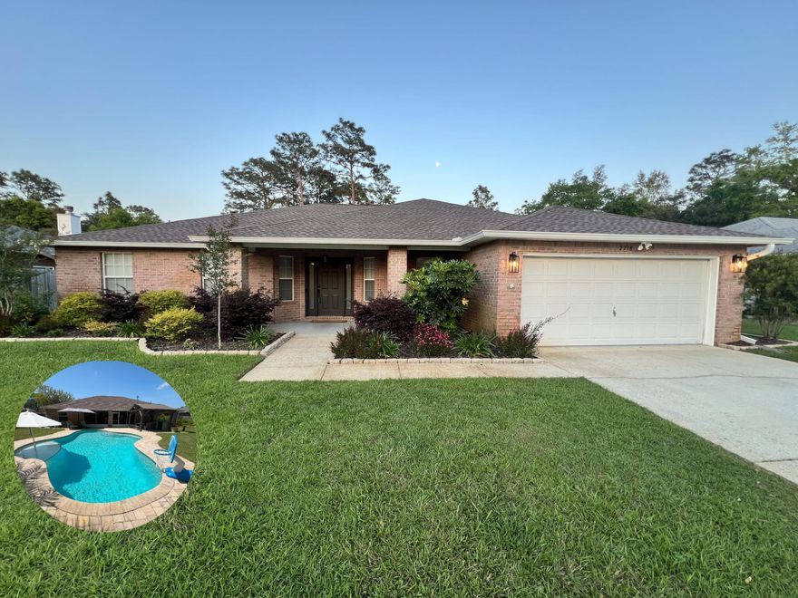 Contemporary 4BR/2BA Move-In Ready  Pool Home with Lots of Extras!  Welcome to this stunning 2,235 sq ft home nestled on a quiet cul-de-sac in beautiful Navarre--just minutes from beaches, military bases, shopping, and the Hidden Creek Golf Course. With 4 bedrooms, 2 bathrooms, a 2-car garage, and a private backyard oasis, this home offers the perfect blend of comfort, style, and functionality. Step into the elegant foyer with a versatile bonus room (perfect for a home office or playroom) on one side and a formal dining room on the other. The spacious living room is filled with natural light and flows seamlessly into the eat-in kitchen--complete with an abundance wood cabinets, Corian solid surface countertops, pantry, tile flooring, and newer stainless appliances, including a glass-top range with double oven. The split floor plan provides maximum privacy. The large master suite features a private entrance to the screened-in porch, and a luxurious en-suite bathroom with a garden tub, separate shower, and an oversized walk-in closet.  Three additional bedrooms offer generous closet space and share a well-appointed guest bath with a tile-surround tub/shower combo. The indoor laundry room includes extra storage, and the garage features a convenient utility sink. Your outdoor living dreams come true in the fully screened, tiled porch overlooking a true backyard retreat. Enjoy year-round fun in the beautiful 18x36 Gunite pool thsy is 6ft deep (new in 2020) with a built-in table and umbrella stand. A Covered Outdoor Kitchen Area and Large Shed add even more functionality to this entertaining space. There are many other extras:  a utility sink in the garage, vaulted ceilings with Spanish lace texture (no popcorn!) bull-nose corners, marble window-sills, a transferable termite bond, gutters, Ring camera, spotlight and pool alarm, lawn pump/sprinkler system with wifi controlled irrigation. The Roof was new in 2024, Water Heater 2024, & HVAC 2018!  There is no Homeowners Association!  The Hidden Creek golf course is less than a 5 min drive. Flood zone X, no flood insurance required!  This is a quality, move-in ready home! This home is truly a gem! It has been immaculately maintained and is loaded with extras! Come see why this DREAM HOME should be yours!