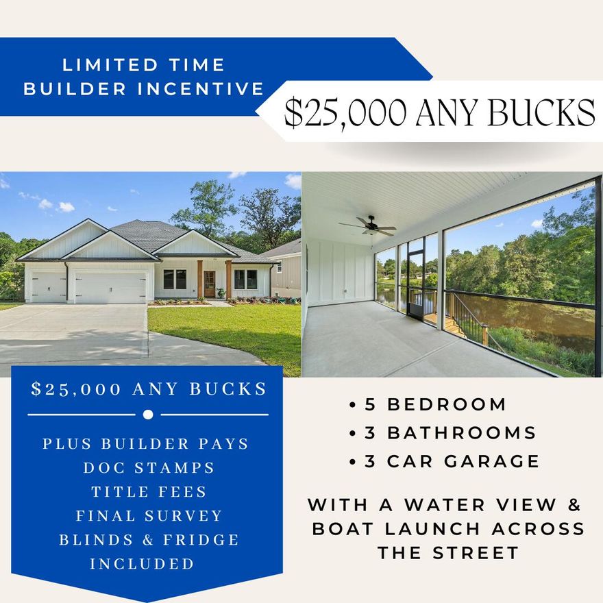 New, efficient, and under warranty, skipping the renovation stress. Builder offering amazing buyer incentives to include $25K any bucks. Convenient neighborhood boat launch. Beautiful, modern farmhouse design with elegant board an batten siding complimented with Cedar accents. This 5-bedroom, 3-bath home with a 3-car garage is ideal for families and entertainment, featuring upgrades and beautiful touches throughout. The 5th bedroom can be an office, playroom, or guest room. Highlights include *LVP flooring throughout, *Tiled Laundry Room with cabinets, *Gas Package includes connections for tankless water heater, furnace, range, dryer & patio stub, *Bronze Impact Windows, *Stainless Steel appliances to include side by side fridge, *Quartz Countertops, *Custom Build Dropzone in Mudroom*Irrigation system, and a fully landscaped yard. Enjoy the 27ft by 8ft screened-in back patio with French doors.Unbeatable location just 16 miles from Destin, 15 miles from Eglin AFB, and 14 miles from Duke Field, with nearby shopping and dining. Love water sports, use the convenient Edrehi-Swift Bayou Boat Ramp across the street!  Do not miss out on the amazing builder incentives, see photos for details!
