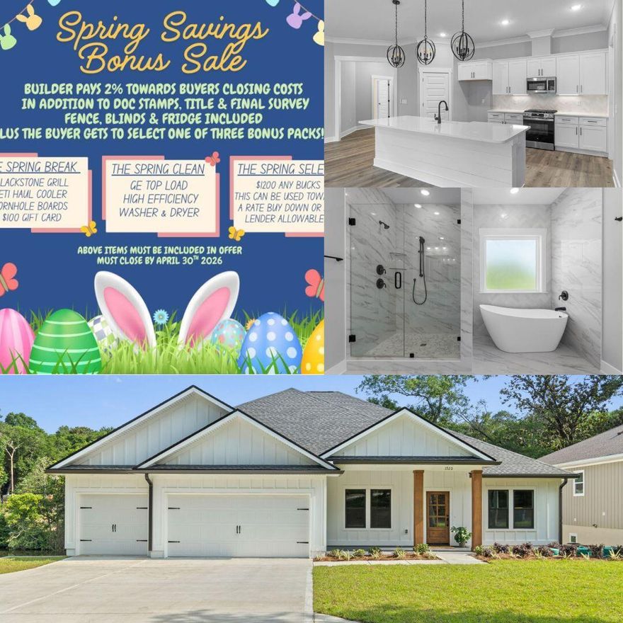 '72HR Kick Out Clause in place' ***BUILDER Offering amazing buyer incentives to include $25K any bucks or choose from the price tiering options! Plus! Spring Party Package!!!*** New, efficient, and under warranty. No HOA! Enjoy the convenient neighborhood Edrehi-Swift Bayou Boat Ramp just across the street. Beautiful, modern farmhouse design with elegant board an batten siding complimented with Cedar accents. This 5-bedroom, 3-bath home with a 3-car garage is ideal for families and entertainment, featuring upgrades and beautiful touches throughout. The 5th bedroom can be an office, playroom, or guest room. Highlights include *LVP flooring throughout, *Tiled Laundry Room with cabinets, *Gas Package includes connections for tankless water heater, furnace, range, dryer & patio stub, *Bronze Impact Windows, *Stainless Steel appliances to include side by side fridge, *Quartz Countertops, *Custom Build Dropzone in Mudroom*Irrigation system, and a fully landscaped yard. Enjoy the 27ft by 8ft screened-in back patio with French doors. Unbeatable location just 16 miles from Destin, 15 miles from Eglin AFB, and 14 miles from Duke Field, with nearby shopping and dining.   Do not miss out on the amazing builder incentives, see photos for party pack details and call agent for tier pricing details!
