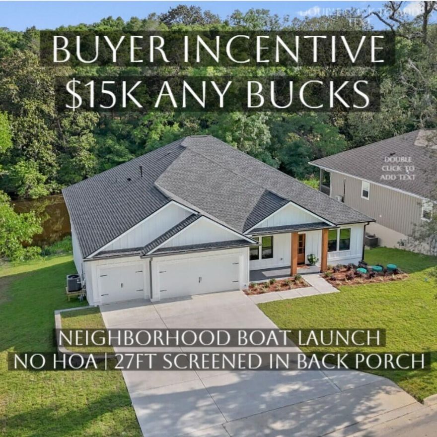 Beautiful, modern farmhouse design with elegant board an batten siding complimented with Cedar accents. Builder offering amazing buyer incentives to include $15K any bucks. This 5-bedroom, 3-bath home with a 3-car garage is ideal for families and entertainment, featuring upgrades and beautiful touches throughout. The 5th bedroom can be an office, playroom, or guest room. Highlights include *LVP flooring throughout, *Tiled Laundry Room with cabinets, *Gas Package includes connections for tankless water heater, furnace, range, dryer & patio stub, *Bronze Impact Windows, *Stainless Steel appliances to include side by side fridge, *Quartz Countertops, *Custom Build Dropzone in Mudroom*Irrigation system, and a fully landscaped yard. Enjoy the 27ft by 8ft screened-in back patio with French doors.Unbeatable location just 16 miles from Destin, 15 miles from Eglin AFB, and 14 miles from Duke Field, with nearby shopping and dining. Love water sports, use the convenient Edrehi-Swift Bayou Boat Ramp across the street!  Do not miss out on the amazing builder incentives, see photos for details!
