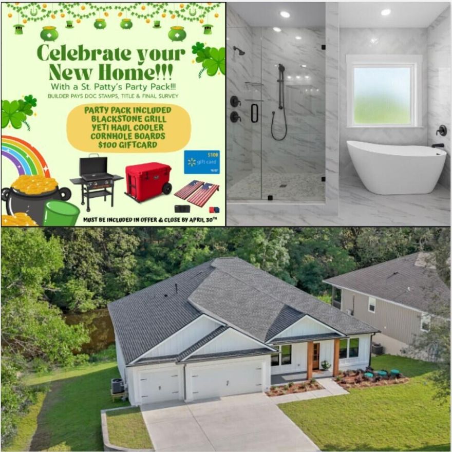 '72HR Kick Out Clause in place' ***BUILDER Offering amazing buyer incentives to include $25K any bucks or choose from the price tiering options! Plus! St. Patrick's Party Package!!!*** New, efficient, and under warranty. No HOA! Enjoy the convenient neighborhood Edrehi-Swift Bayou Boat Ramp just across the street. Beautiful, modern farmhouse design with elegant board an batten siding complimented with Cedar accents. This 5-bedroom, 3-bath home with a 3-car garage is ideal for families and entertainment, featuring upgrades and beautiful touches throughout. The 5th bedroom can be an office, playroom, or guest room. Highlights include *LVP flooring throughout, *Tiled Laundry Room with cabinets, *Gas Package includes connections for tankless water heater, furnace, range, dryer & patio stub, *Bronze Impact Windows, *Stainless Steel appliances to include side by side fridge, *Quartz Countertops, *Custom Build Dropzone in Mudroom*Irrigation system, and a fully landscaped yard. Enjoy the 27ft by 8ft screened-in back patio with French doors. Unbeatable location just 16 miles from Destin, 15 miles from Eglin AFB, and 14 miles from Duke Field, with nearby shopping and dining.   Do not miss out on the amazing builder incentives, see photos for party pack details and call agent for tier pricing details!
