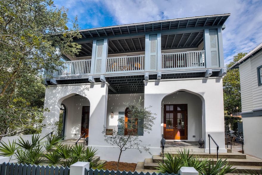 Move in ready - this beautifully furnished home is on the gulf side of Rosemary Beach. Just a few steps to the beach down a lovely tree shaded boardwalk. This Charleston style side yard home has a fireplace in the living room and one in the carriage house. Oak and tile floors, Mahogany french doors that open onto a lush landscaped yard with beautiful seating & eating area located under the canopy of a magnolia tree. The dining area boasts room for the whole family next to the kitchen with stone counter tops and stainless appliances. The Main house has 3 bedrooms 3 baths. Carriage house has loft bedroom and bath with additional 1/2 bath and bunk area. Porches galore on both homes. Location close not only to beach but center of town and all amenities. Click 'More' for other details