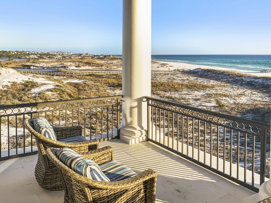 Graced with an impressive provenance and located just minutes from Alys & Rosemary Beach, this grandly proportioned beachfront villa is a stunning blend of architecture and craftsmen. A private family compound of the finest caliber, the home overlooks Deer Lake State Park, as well as the Gulf of Mexico.This rental-ready coastal residence includes endless views, with 51 feet of Gulf frontage, over 4200 square feet, 5 spacious bedrooms & 4.5 bathrooms. Unparalleled coastal lifestyle with a lavish beachfront pool terrace, multiple fire features & swim-up poolside bar is among the many amenities. Designed for entertaining and fine living, its interiors are filled with exceptional appointments such as vaulted ceilings, custom beamed ceiling, hardwood flooring, 10-foot ceilings, and gas
