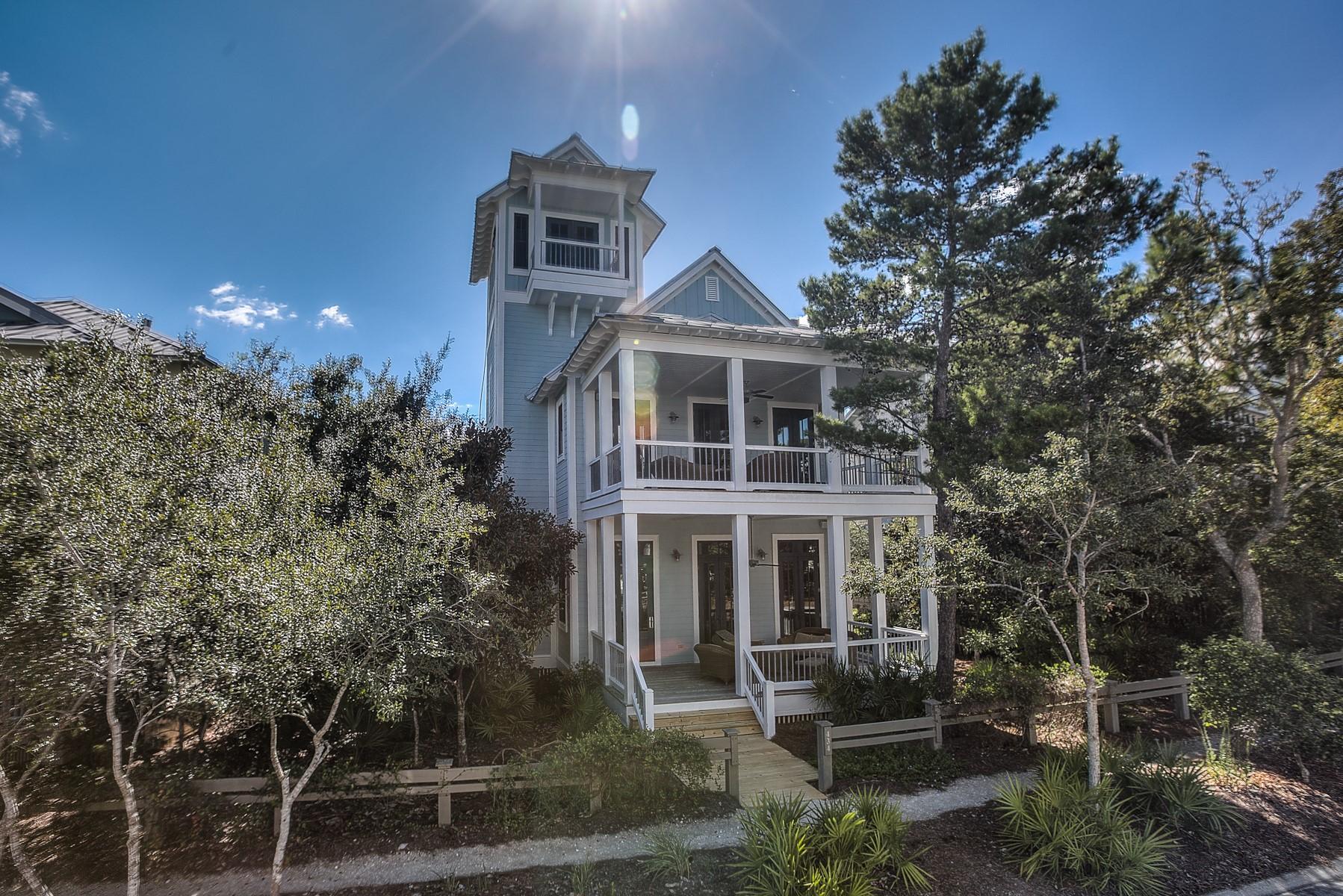 A truly unique home located in Phase One at Watercolor Community. This house has a master bedroom on the first floor and an additional master bedroom on the second floor with a private porch off the bedroom. 12' ceilings downstairs, 10' foot ceilings upstairs, Walnut floors throughout and this home is wired for Audio, Video and Alarms throughout. The tower room offers a great view of Watercolor community and Western Lake and a Gulfview. The tower room also has a bar with custom built cabinets with granite countertops, back splash, ice maker, wine cooler and stainless steel sink. This magnificent home has so many custom extras that it is a must see to appreciate all the finest that this Watercolor home has to offer.
