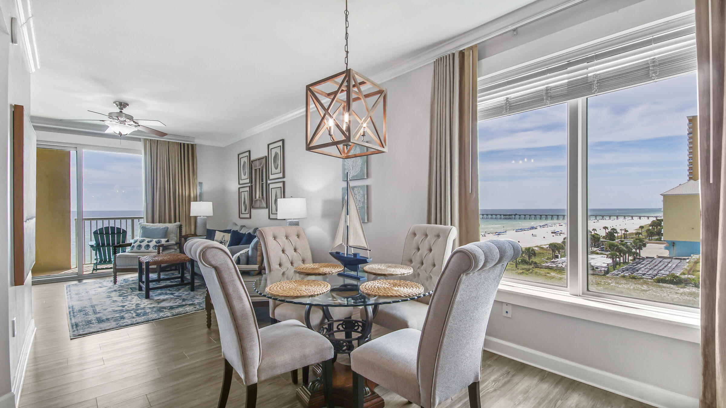 Here it is, the most desired Condo Stack and location at beautiful Grand Panama Beach Resort.  This 3 bedroom, 2 bath unit with large balcony and master closet, complete with a GULF front master bedroom and Gulf front living room, both with access to a private balcony is being sold furnished and would be perfect for investors or fulltime residences. The balcony offers spectacular views of the sugar white sands and emerald-green waters of the Gulf of Mexico, and the dining and guest bedrooms face west all with stunning sunset views. The owners have completed over $25,000 in recent improvements which include: paint, flooring, light fixtures, microwave, furniture, coastal decorations, and Smart Nest Thermostat. The 6th level is much desired - only one floor up from the P5 walkover - Cont...