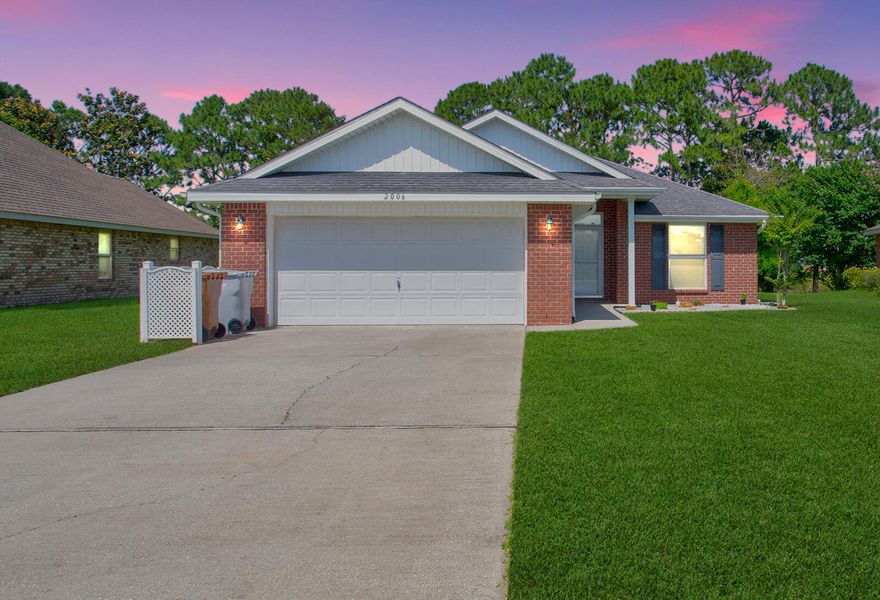 ***Welcome Home*** to this charming ALL-BRICK home perfectly situated on a serene WATERFRONT lot--enjoy peaceful views right from your COVERED back porch. Inside, the kitchen offers UPGRADED SOLID WOOD cabinetry, a SMOOTH-TOP RANGE, and BUILT-IN MICROWAVE, opening to a spacious main living area with durable LAMINATE FLOORING. The primary suite is a true retreat with DOUBLE VANITIES, a GARDEN TUB, SEPARATE SHOWER, and DUAL WALK-IN CLOSETS. Additional features include SMOOTH CEILINGS, CRAFTSMAN-STYLE doors, ELONGATED COMMODES, a FINISHED GARAGE with COACH LIGHTING, and LEAF FILTERS on the gutters. The yard is fully SODDED with a SPRINKLER SYSTEM and the home is fitted with DUAL-PANE VINYL WINDOWS and HURRICANE SHUTTERS. Located in a community with SIDEWALKS, a PLAYGROUD and PICNIC area!
