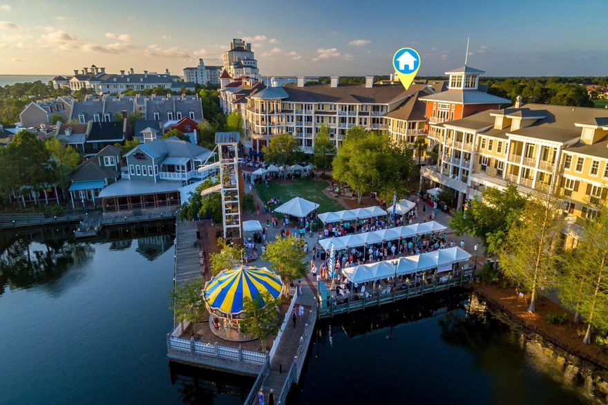 PREMIER LOCATION! Located in the entrance tower with a large corner balcony you and your guests have front-row seats to the all the exciting concerts, fireworks, drone shows, and events at The Village of Baytowne Wharf. This building includes a roof top Pool Pavillion that ncludes resort swimming pool, hot & cold spas, fitness center, walking path and outdoor grilling area. Owners also receive access to the private Founders Club, with pool table! Enjoy the resort lifestyle to include world-class golf,and pristine beaches,.Boating, fishing, jet skis, and paddle boarding is  just a short walk to the Sandestin Marina. Get in some court time at the Sandestin Tennis Center, now with 6 Pickleball courts.  Grand Boulevard has premier shopping,,dining and entertainment! Included with this condo is one parking space in the Garage Area, as well as a storage cage, HVAC and Hot Water Heater have been updated. 