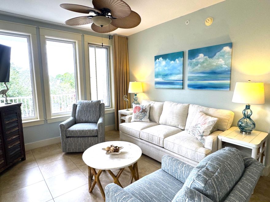 PREMIER LOCATION, Newly Updated HVAC, Water Heater, and Living Room Furniture. A large corner balcony offers privacy as well as front-row seats to all the exciting concerts, fireworks, drone shows, and events at The Village of Baytowne Wharf. This building includes a rooftop Pool Pavilion that includes resort swimming pool, hot & cold spas, fitness center, walking path and outdoor grilling area. Owners also receive access to the private Founders Club, with pool table! Enjoy the resort lifestyle to include world-class golf,and pristine beaches,.Boating, fishing, jet skis, and paddle boarding is  just a short walk to the Sandestin Marina. Get in some court time at the Sandestin Tennis Center, now with 6 Pickleball courts.  Grand Boulevard has premier shopping,,dining and entertainment! Included with this condo is one parking space in the Garage Area, as well as a storage cage, HVAC and Hot Water Heater have been updated. 