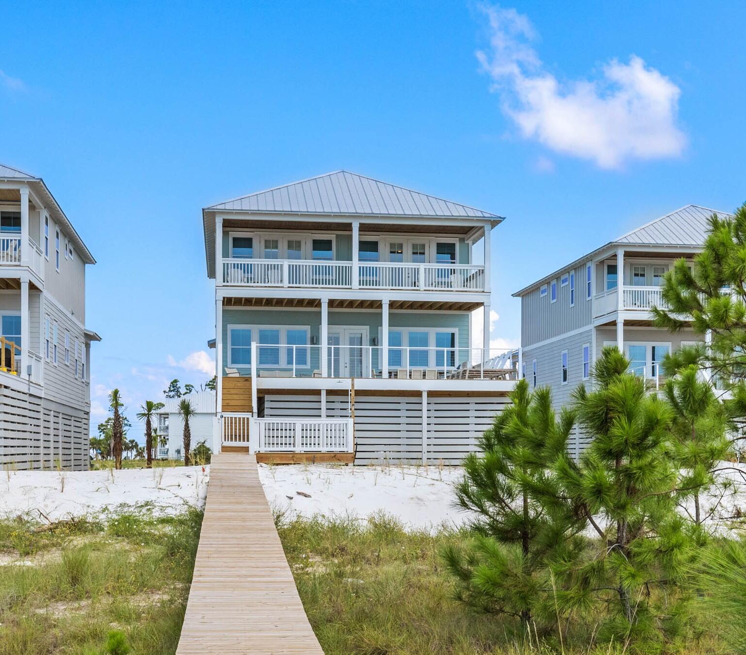 GULF FRONT WITH EXCELLANT GRI!! NEW 2023 CONSTRUCTION! ELEVATED POOL WITH OCEANFRONT VIEWS! With two large decks overlooking the Gulf, your own private pool, and the sugar sand beach and clear blue water just feet away, This turnkey and furnished beach house is the perfect vacation spot in the Villa del Sol subdivision. This 3,300 square foot 5 bedroom 5 bath vacation home with an elevated pool and elevator was built in 2023 in a lovely private gated subdivision. Killarney truly captures the essence of all things coastal. You will be greeted with a large, open concept living and kitchen space boasting spectacular Gulf views. Take a step through the back doors facing the ocean to find yourself in the peaceful, breezy surroundings with an amazing, unhindered view of the Gulf nd your own private elevated swimming pool. Back inside, the dining and kitchen area has beautiful hardwood floors, modern amenities, and a kitchen featuring a large island, appliances, and quartz countertops. The comfortable, roomy living space is the ultimate gathering spot for entertaining and making memories with friends and family. The first floor has a 1 bay view master suite with a king bed and attached private bathroom along with a bay view master bedroom with king bed. On the second floor, there are two Oceanfront master suite bedrooms with king beds and attached bathrooms, and a charming bunk room with 3 bunks and a full bathroom. The most inviting aspect of the second floor is that two of the bedrooms have access to its large deck overlooking the Gulf, while the bunk room has views of the bay. Walk down your own boardwalk from your coastal home and you'll find yourself on the miles and miles of sugar-white sand and pristine blue water of the Gulf of Mexico. Whether you enjoy combing the beach for shells, snorkeling, kayaking, sunbathing, surfing waves, fishing, or taking a leisurely stroll or horseback rides along the shoreline, you'll spend hours of fun while soaking up the sun.