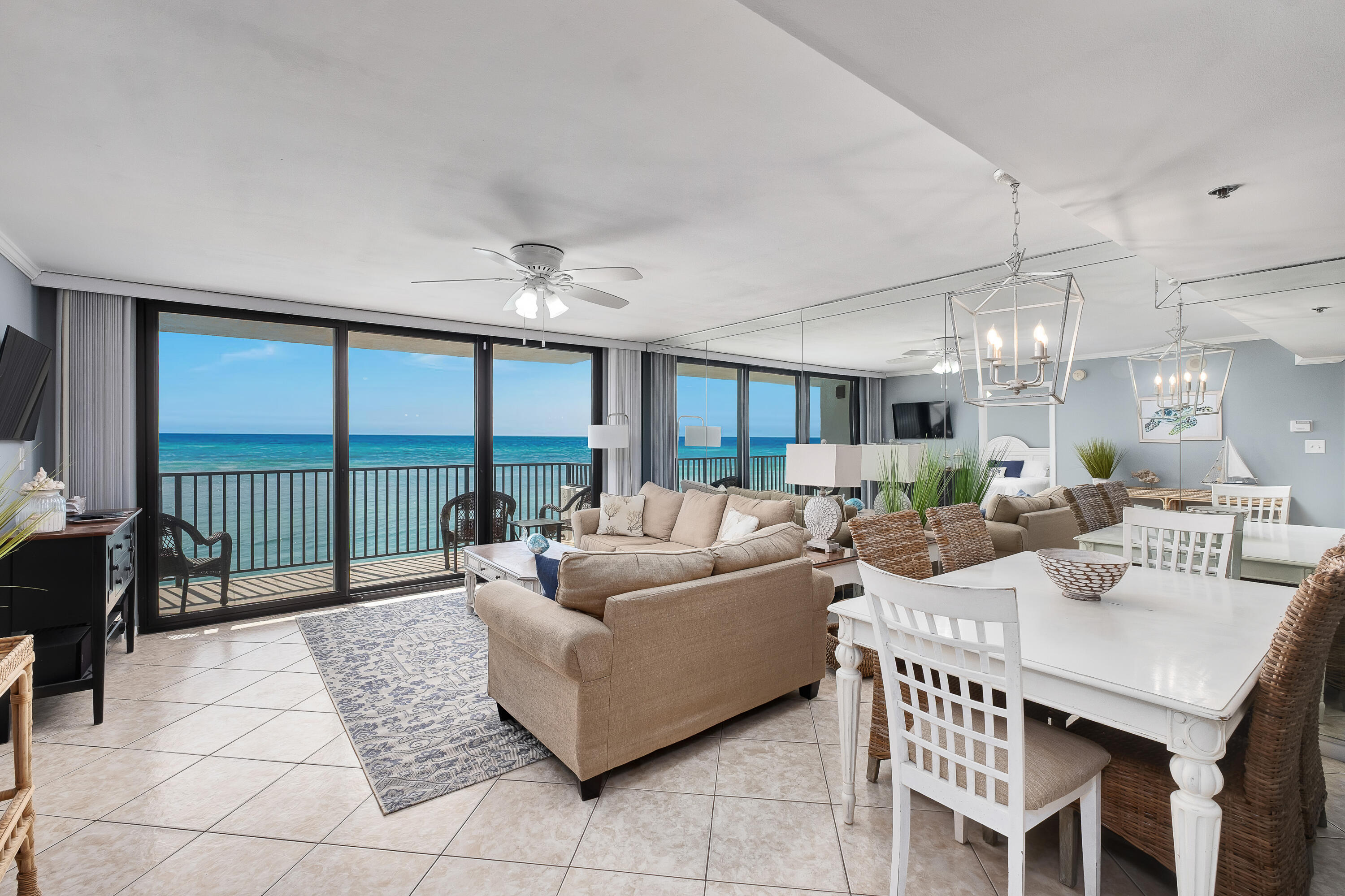 Welcome to Unit 902 at One Seagrove Place, a stunning 2-bedroom, 2-bathroom condo on the 9th floor, uniquely positioned within the building to offer unbeatable 180-degree views of the Gulf of Mexico. This beautifully renovated unit (completed in March 2019) has been meticulously maintained by the owners, rendering it one of the nicest condos in the One Seagrove Place complex. The complex itself is the tallest building and the only high-rise along the entire 30A corridor, a stature that enables its inhabitants to experience peerless views of the Gulf's famous Emerald waters.Step inside to a spacious, open-concept living area featuring a gourmet kitchen with granite countertops, a stylish grey-blue tile backsplash, and brand-new stainless steel Whirlpool appliances. The living room offers a spacious vantage point of the Gulf and is equipped with designer furniture, including a sleeper sofa to offer additional sleeping accommodations. The master bedroom also offers Gulf views in addition to direct balcony access, where you can enjoy stunning sunrises and sunsets, while the en-suite bathroom features granite countertops and a luxurious walk-in shower. The second bedroom, with a queen bed, also has its own en-suite bathroom, ensuring a comfortable stay for all guests.

One Seagrove Place also offers a large heated pool, a nice workout facility, and a large common grilling area. The complex, which already recently completed a portico addition and a full renovation of all interior common areas, is set to undergo an addition that will include a large extension of the existing boardwalk and multiple gathering areas nestled in the dunes. 

Take advantage of this unique property before someone else does!