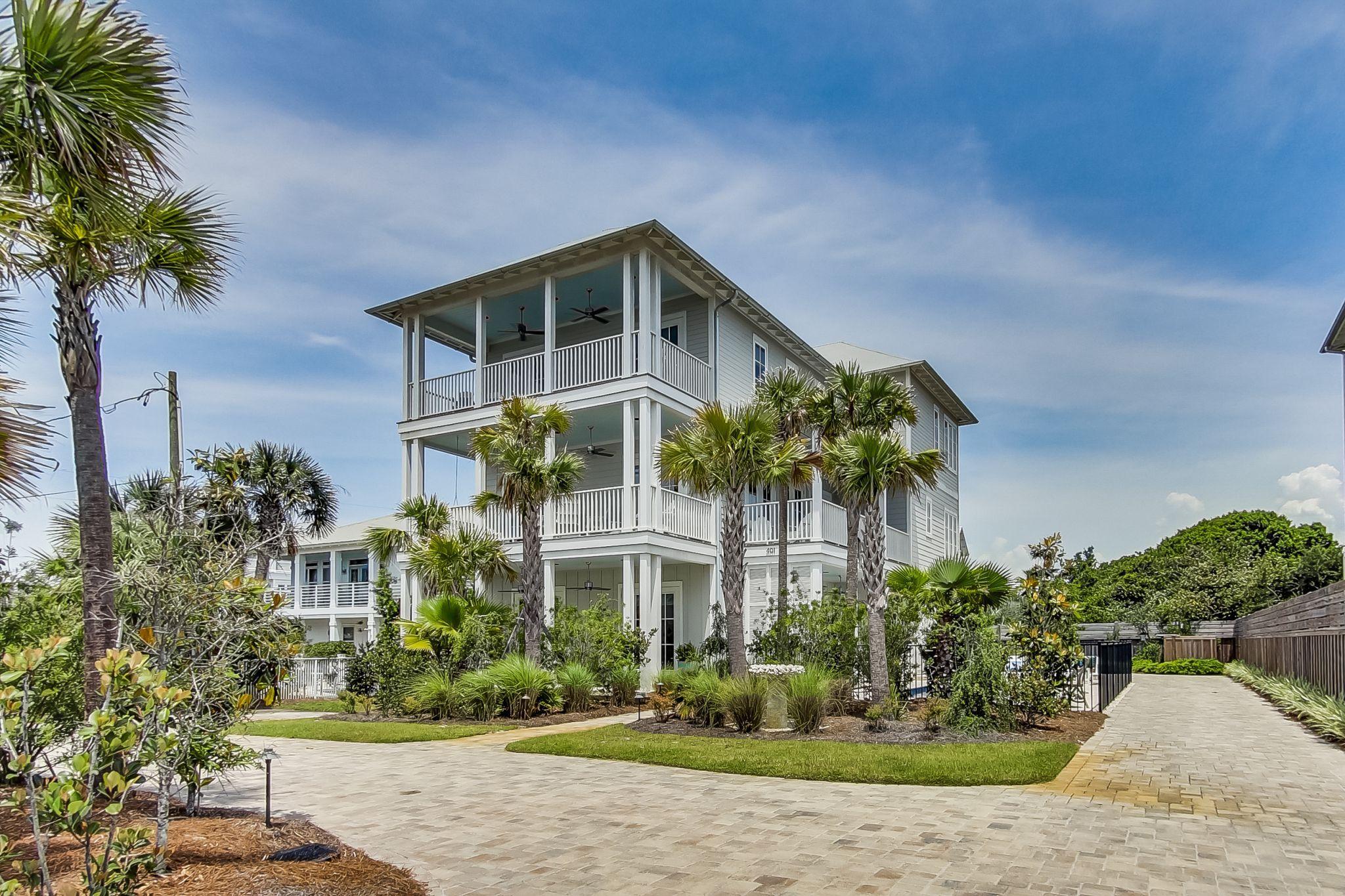 Welcome to Meant to Sea at 401 Blue Mountain Road in Blue Mountain Beach a fabulous, fully furnished home with a pool, for a large family, just steps to the beach! Three living rooms provide plenty of social gathering space and 5 porches allow you to take the fun outside for fantastic views of the Gulf of Mexico. This 4524sf home features 6 bedrooms and 6 -1/2 baths and comfortably sleeps 19 people with lots of privacy on 3 floors, all of which are serviced by an elevator. Swim year round! There's a heated pool and plenty of room to park 7 vehicles in the driveway, plus a 1.5 car climate-controlled garage. All 3 floors have 10ft ceilings and the first floor has pecky cypress ceilings adding southern, casual flair.