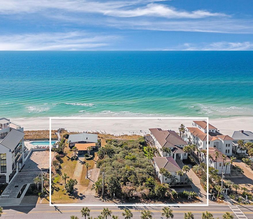 A World-Class Prime Opportunity to purchase 225 Feet of Gulf Front Property! Introducing one of the most extraordinary estates ever offered for sale along Scenic Highway 30A, spanning an irreplaceable 225 feet of pristine Gulf Frontage. This remarkable assemblage combines three contiguous 75-foot parcels into a single private beachfront estate. This is a once-in-a-lifetime opportunity along Scenic Hwy 30A. The property includes a luxurious Gulf-front residence with a carriage house, and two adjoining Gulf-front lots. The Gulf-front residence has multiple years of proven vacation rental income up to $569K! Together, these parcels create a canvas for your vision with  sweeping Gulf views, gorgeous dunes, and sugar-white sands with private beach to the mean high water line. This is a rare coastal property minutes from Seaside, Alys Beach, and Rosemary Beach  the ultimate opportunity to own a private beachfront sanctuary on 30A. Situated in a premier location at Hwy 393 & Scenic Hwy 30A, across from Gulf Place, one of the most convenient and relaxing areas along 30A. The immediate area includes restaurants such as The Vue, Shunk Gulley, The Perfect Pig, Pizza By The Sea, Renaissance French Restaurant, and more, along with a day spa, and services.