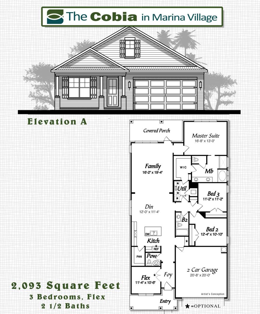 The Cobia plan has 2,093 square feet, three bedroom, plus flex room and 2.5 baths. Brick exterior, low E-vinyl windows, covered rear porch and a 2 car garage. Interior finishings include, 9' ceilings, granite counter tops, laminate, tile and carpeted floor coverings, crown molding, cased windows and openings. Natural gas range and Rannai tank water heater. Stainless Frigidaire appliances, WoodHarbor cabinets with 100 year finish warranty, tiled shower and tub deck. Hammock Bay is a 3,200 acre master planned development which offers a clubhouse, movie theater, pools, workout facility, nature trails and a pet park.
