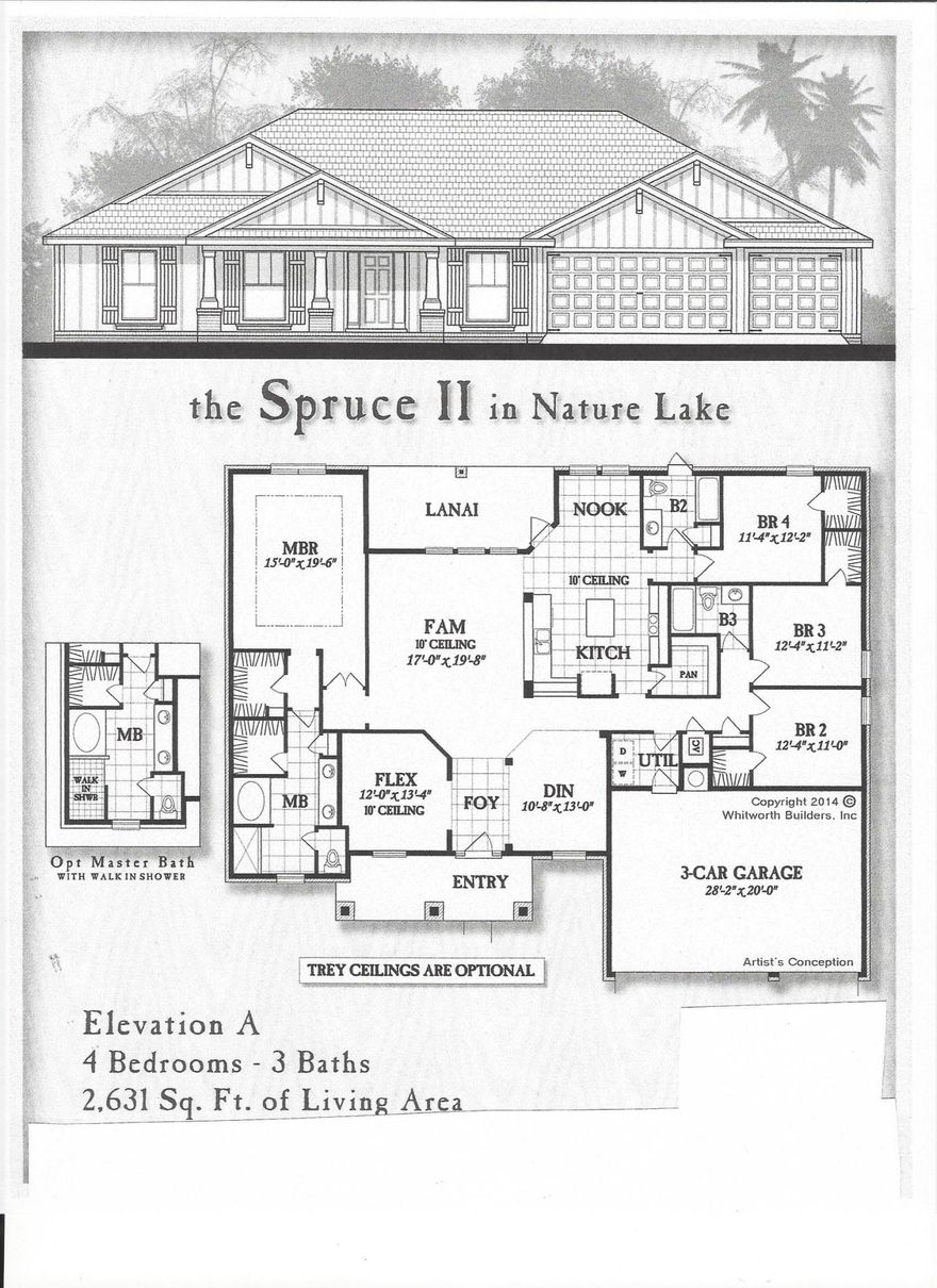 The Spruce II floor plan offers 2,631 square feet of living space with 4 bedrooms, three full baths, and 3 car garage. Kitchen comes with stainless steel GE appliances, granite island countertops. Optional walk in all tiled shower in master bath and much more.