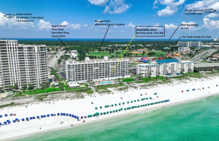 NO SPECIAL ASSESSMENTS!  SPACIOUS GULF-FRONT CONDO | SOLID CONCRETE CONSTRUCTION | ASSIGNED GARAGE PARKING.  If you're looking for a well-built, quiet beachfront retreat STEPS TO THE BEACH, UNOBSTRUCTED GULF VIEWS, this is it! Located in the highly sought-after Sterling Sands, this spacious 2-BEDROOM, 2-BATH CONDO offers 1,200 SF of living space--nearly 40% LARGER than many other 2-bedroom units. One of the rare perks? An assigned garage parking spot, providing security, convenience, and protection from the Florida sun.  Enjoy breathtaking Gulf views from both the living area and master bedroom, plus an oversized balcony perfect for relaxing or entertaining. Unlike many high-traffic rental buildings, Sterling Sands offers a peaceful atmosphere, with many owners using their units as second homes. The solid concrete construction ensures durability and soundproofing, making it an ideal escape from the crowds.

Resort-style amenities include a seasonally heated beachfront pool & hot tub, fitness center, BBQ grills, and private gated beach access. This unit comes fully furnished with granite countertops, warm wood cabinetry, a washer/dryer, and more.

Located in the heart of Destin, you're just minutes from premier dining, shopping, and entertainmentbut in a low-density building designed for relaxation. Opportunities like this don't lastschedule your private tour today!