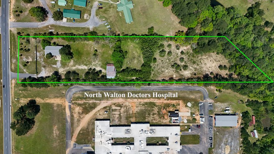 Prime 5-acre parcel with 200 front feet on Hwy 331S, ideally situated just south of I-10 and abutting North Walton Doctors Medical on the north side in DeFuniak Springs. Currently zoned Estate Residential, this property offers significant future upside as it borders commercial zoninga"making rezoning a real possibility for a variety of uses. The site features a 4,000 sq ft warehouse, providing immediate utility for storage, distribution, or conversion to office or service space. The FDOT-reported traffic count is appx 23,000 vehicles per day for exceptional visibility. Adjacency to North Walton Doctors Hospital makes it especially attractive for ancillary medical services, clinics, therapy centers, professional offices, as well as other commercial ventures seeking high exposure and convenient access to major transportation routes.
Other area healthcare related facilities in near proximity include LeCom Dental School and the forthcoming HCA ER, both located at the intersection of Hwy 331S and I-10. Don't miss this rare opportunity to secure a strategically located tract with outstanding development potential in a rapidly growing corridor. Rezoning to commercial is feasibleunlocking even greater value for those looking to capitalize on the area's growth and demand for medical and business services. 