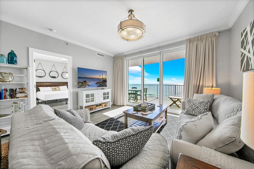 Escape to your Gulf-front paradise at Twin Palms, a luxurious gated community with direct beach access and stunning sunset views. This 2BR/2BA condo has been totally renovated floor to ceiling, including stainless steel appliances, modern tile, and new countertops. The extra-large curved balcony offers breathtaking views of the Gulf of Mexico, while the master suite features sliding glass doors leading to your private outdoor oasis. Enjoy resort-style amenities like a gulf-front pool, fitness center, sauna, and proximity to Pier Park shopping and fine dining. Includes assigned parking and owner storage right outside your door, this condo is perfectly situated for a relaxing family vacation, just a short walk from local restaurants and entertainment.