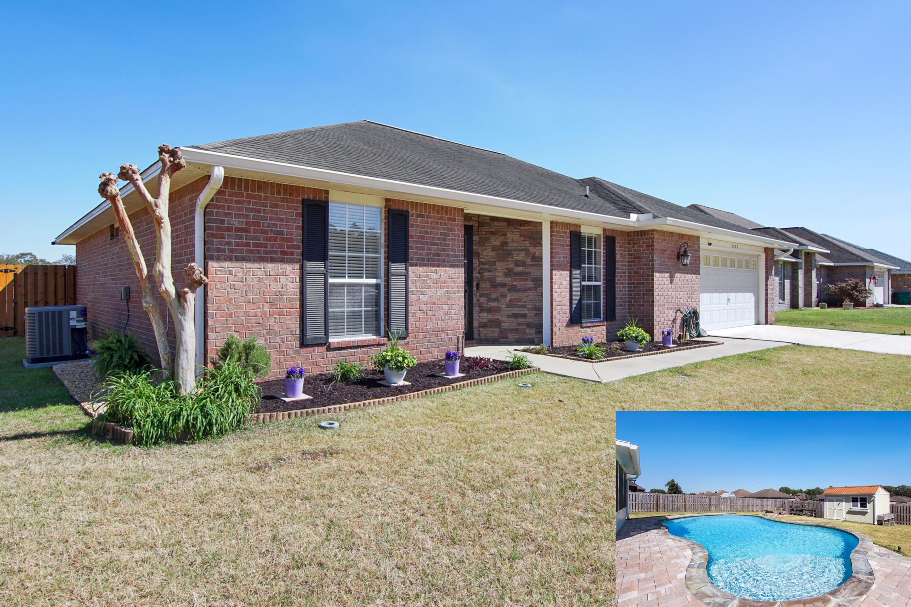HELLO GORGEOUS! This won't last long ... Introducing an extensively upgraded 4 Bed/2 Bath INGROUND GUNITE POOL HOME located in the highly sought-after neighborhood, Lee Farm, with over $80K of Seller updates! Centrally located with easy access to tons of new retail & restaurants, schools, and short commutes to Duke Field, 7 SFG, and Eglin AFB. This split-bedroom floor plan features updated LVP flooring throughout. Large Master Bedroom and Bathroom features an extra-large garden tub, walk-in custom designed closet, and double vanities. Stunning Kitchen remodel features all-new quartz counters, appliances, solid 42-inch upper cabinetry, spacious coffee bar feature, overlooking the Great Room with complementing built-in media wall feature. Laundry Room & Pantry. Water filtration/softener sytem installed. Expansive backyard oasis features a stunning inground 14'x32' gunite pool with tanning ledge and fountain feature, brick pavers and stone accents, covered screen porch room overlooking the pool with brick pavers and string lights, a large 10'x15' storage building that conveys with sale, paver firepit area, and all-new privacy shadow box fencing! Low HOA fee of $104/year, Cleo Park with neighborhood playground (maintained by Okaloosa County) is located within Lee Farm, and a sought-after community all in close proximity to everything that Crestview has to offer, just minutes from charming downtown Crestview - a thriving community where history meets opportunity, and in a prime location close to local favorites like Blackwater State Park and just a short drive to the beautiful Emerald Coast beaches.