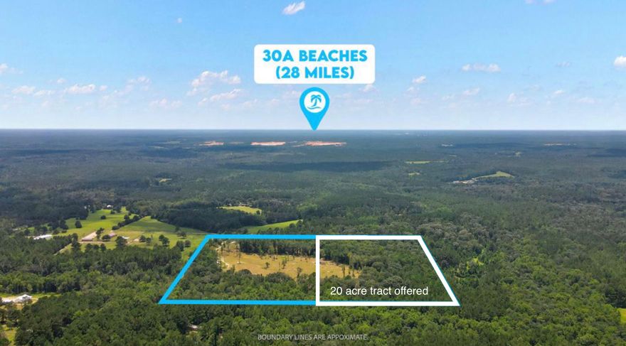 A rare opportunity to own 20 acres +/- of a stunning parent parcel in Walton County and being only 30 min to SRB. This land offers unmatched character with rolling hills, a peaceful valley setting, and a blend of unique landscapes that feel both private and expansive. Tucked at the end of a private road, the property showcases a diverse mix of natural beauty: a lush evergreen forest, and a canopy of towering hardwoods accented by massive, centuries-old live oaks. The land has been thoughtfully maintained, preserving its stately trees and mature landscape. This 20 acres will be subdivided from the 40 acre parent parcel listed on MLS #986886.All measurements and info is approximate and to be verified by Buyer.