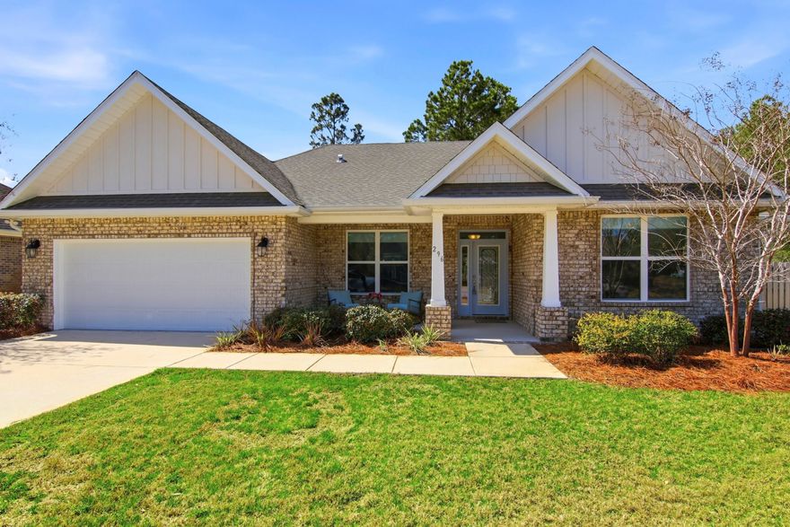 Located in the established, tree lined, highly sought-after Symphony neighborhood of Hammock Bay, this home is just 3 blocks from state of the art amenities and the town square created for community events and entertainment! The newly built, craftsman style 5 bedroom, 3 full bath split floor plan home is situated on a waterfront corner lot. Instantly catching your eye upon entry, you're welcomed by an impressive sense of space and light. Soaring 12-foot ceilings in the foyer and living room create a grand, open feel. Gentle natural light illuminates from the transom windows lining the back of the home. The elevated ceiling heights combined with the abundant sunlight enhance the openness of the space, creating a bright, warm, and inviting atmosphere that feels both elegant and comfortable. 9-foot ceilings throughout the remainder of the home maintain an airy and cohesive flow. 
From the gathering room, the home flows seamlessly into a beautifully appointed kitchen designed for both everyday living and entertaining. Featuring quartz countertops, a gas range, abundant cabinetry, a spacious walk-in pantry, and an additional butler's pantry, this kitchen offers both style and functionality. A large breakfast room provides the perfect setting for casual dining, while the oversized island with sink overlooks the private, picturesque backyard -- offering serene pond views and making it easy to stay connected to outdoor gatherings. In addition to the spacious bedrooms, the versatile fifth bedroom offers the flexibility to easily double as a private home office, study, or flex space to best suit your needs. 
Hammock Bay is a premier, bayfront master planned community located just 15 minutes north of the white sand beaches of the Emerald Coast. A 6,000 square foot clubhouse offers residents use of the movie theatre with auditorium seating, a full caterer's kitchen to include wet bar and dining area, childs play room, and lounge overlooking the lake and pool area. Numerous on site workout and fitness facilities, competition lap pool, additional 4 Resort-style pools, pickleball courts, tennis courts, basketball court, large playground, outdoor kitchen/gas bbq areas. A Bay front club house with fishing pier extending 500' in to the bay, an amphitheater like stage with jumbotron screen, are just a few attractions with more on the near horizon! All residents at Hammock Bay will enjoy year-round social events as well as a vibrant and active Town Center. Consider this an invitation to experience the Hammock Bay Lifestyle by contacting me today for an updated list of this months community events calendar!