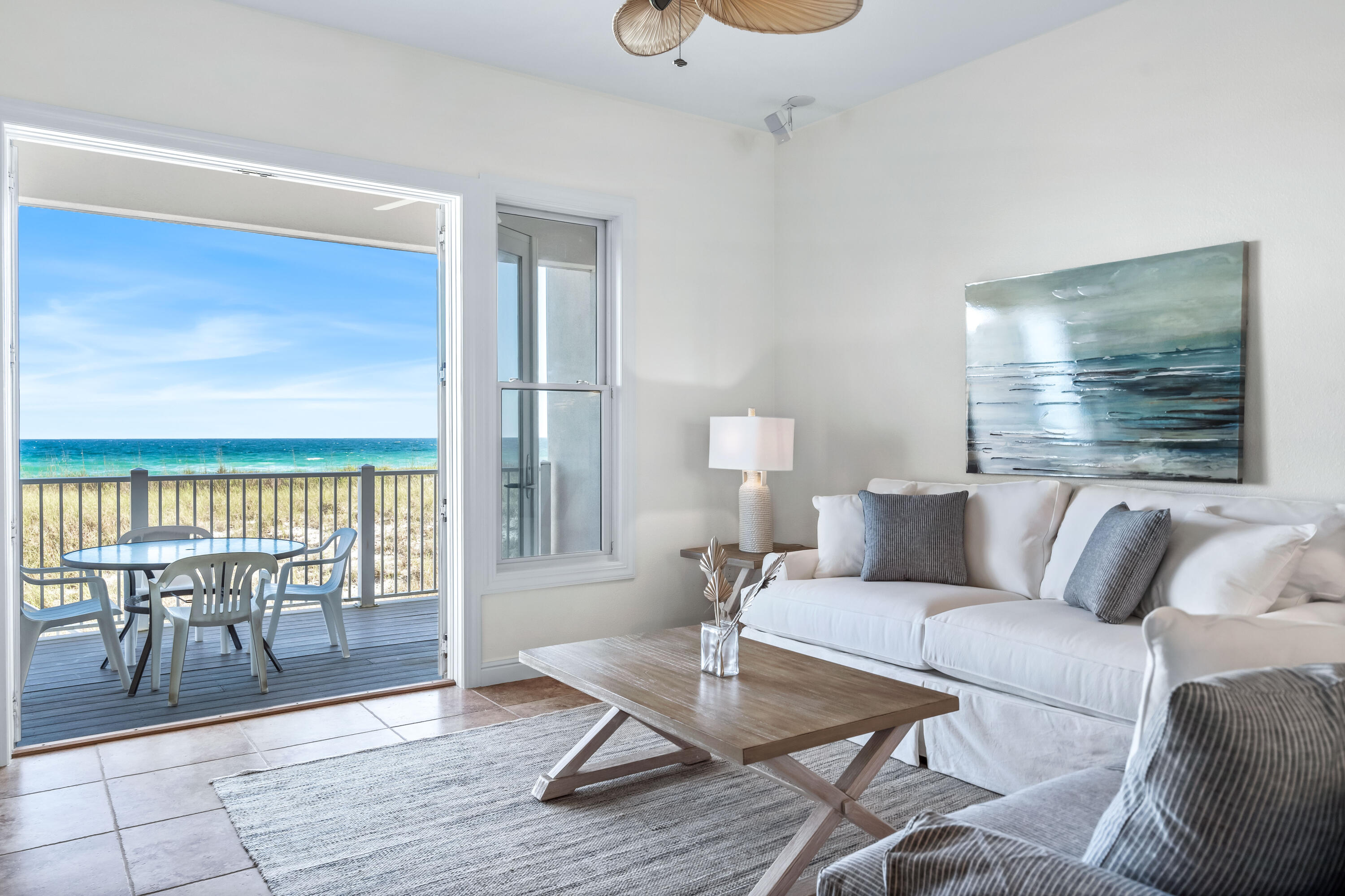 LOWEST Price Per Sq Ft 3 Bed 3 Bath Gulf-Front Townhome on the ENTIRE EMERALD COAST! This incredible property is in a prime location, offering breathtaking views of the Emerald Gulf waters plus views of the Santa Rosa Sound. A private walkover to the beach offers ultimate convenience putting you and guests only a whisper away from the white sandy beaches. The entire interior has been freshly painted, Living Room features New furnishings, and All bedrooms feature newly installed flooring, creating a fresh and modern atmosphere. The open floor plan offers ample space for entertaining indoors & out on the large Gulf-facing balcony. Nearby study/office could be converted into a 4th bedroom for additional sleeping quarters. In keeping with easy living, an elevator services all 3 floors.